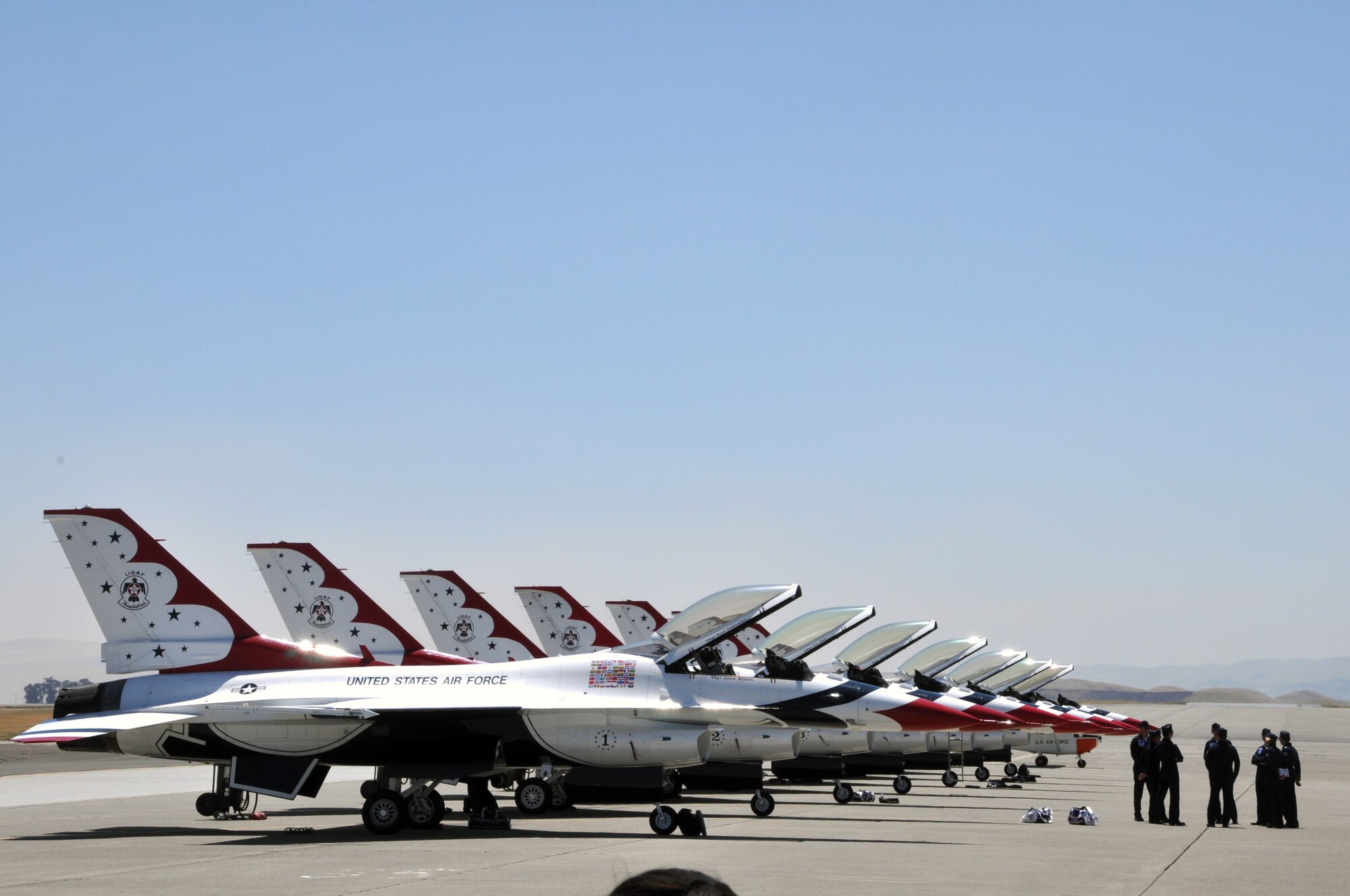 The U.S. Air Force Thunderbirds prepare to wow the crowd July 31 with a display of air power at the 2011 Team Travis Air Power Expo. For more photos see the Travis AFB facebook page. (U.S. Air Force photo/Joshua Crane) 