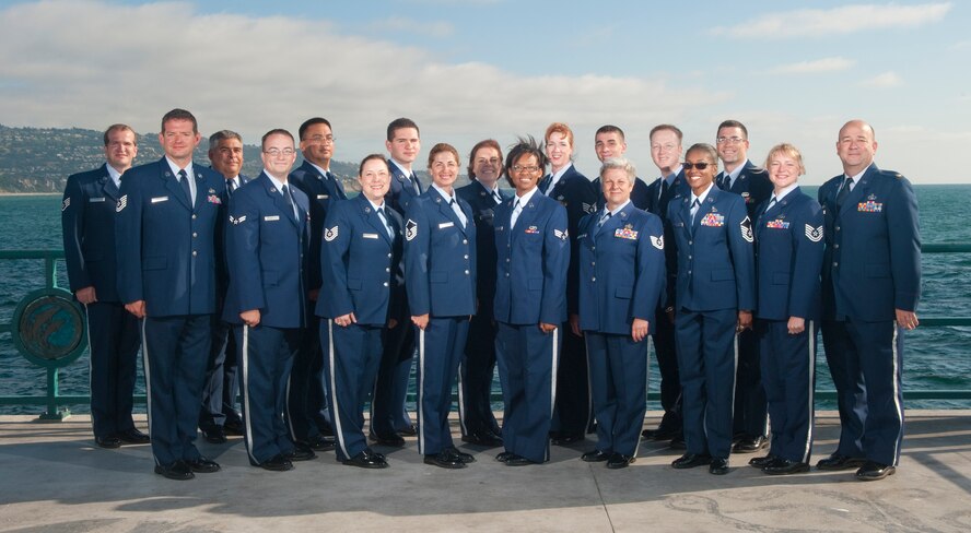 The 531st Air National Guard Band of the Gulf Coast from NAS Fort Worth JRB, Texas, pose for a group photo before performing at Redondo Beach Pier, Redondo Beach, Ca., July 16, 2011. The band joins the 562nd Air National Guard Band of the Southwest for their 2011 tour in Camarillo, Woodland Hills, Anaheim, West Minster, and Redondo Beach. (U.S. Air Force Photo by Tech Sgt. Charles Hatton)