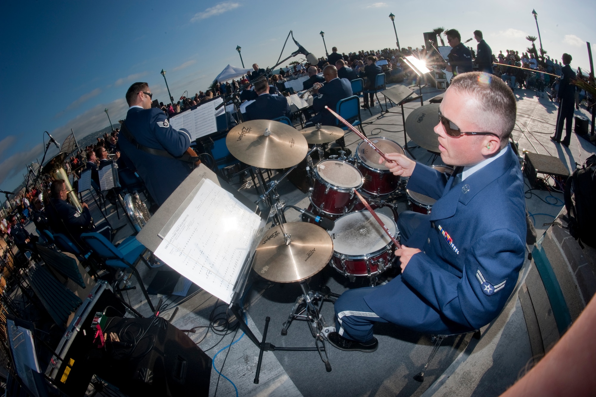 U.S. Air Force Airman 1st Class Simon Thomsen, 531st Air National Guard Band of the Gulf Coast performs at Redondo Beach Pier, Rendondo Beach, Calif., July 16, 2011. Thomsen, a percussionist, performs with the combined bands of the 531st and 562nd Air National Guard Band of the Southwest during their 2011 Southwest tour. (U.S. Air Force Photo by Tech. Sgt. Charles Hatton)