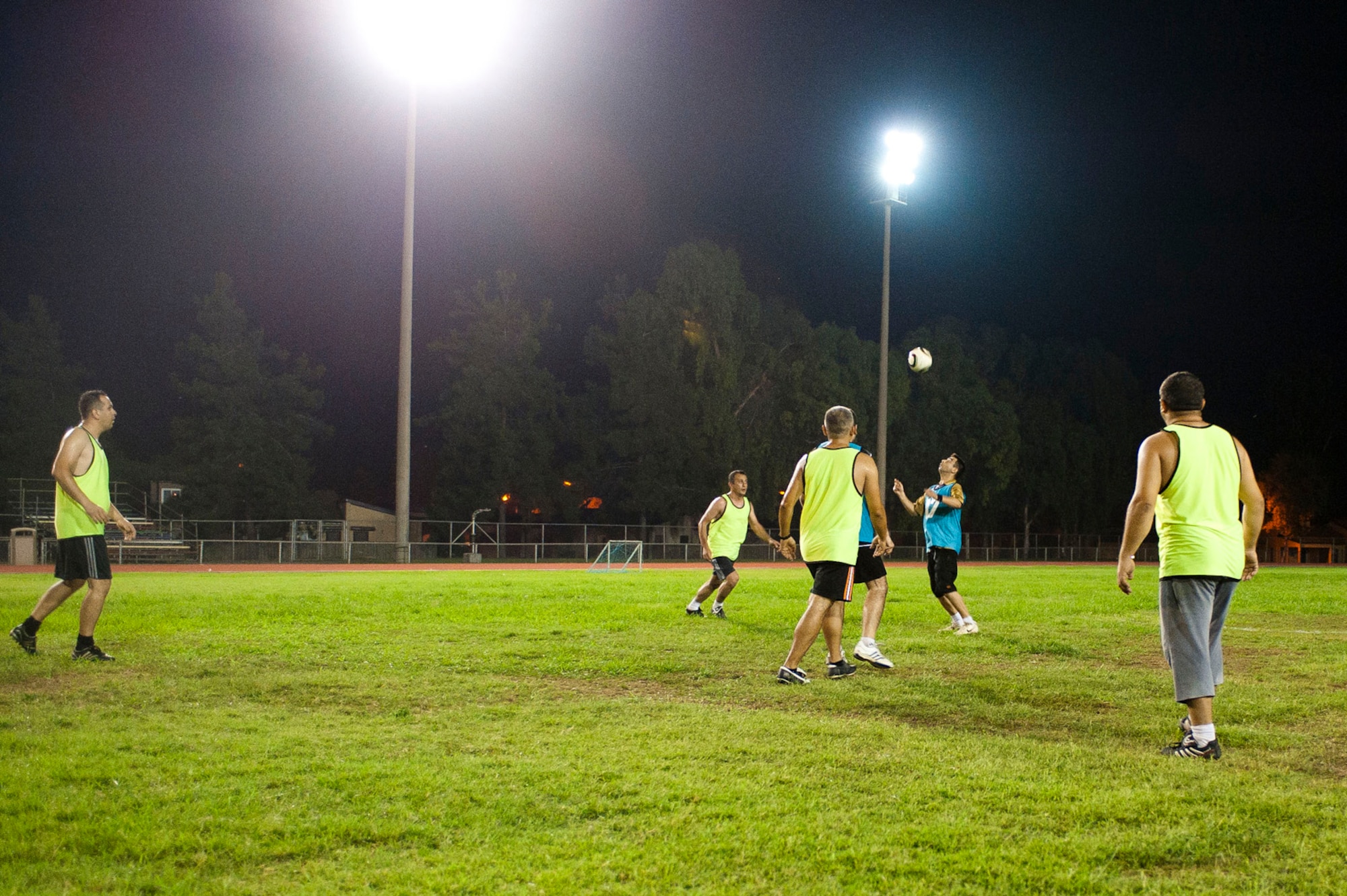 Two Turkish air force teams compete  in the Late Night Soccer tournament at the high school soccer field July 29, 2011, at Incirlik Air Base, Turkey. Eleven U.S. and Turkish Air Force teams competed in the double-elimination tournament. (U.S. Air Force photo by Master Sgt. James Law/Released)