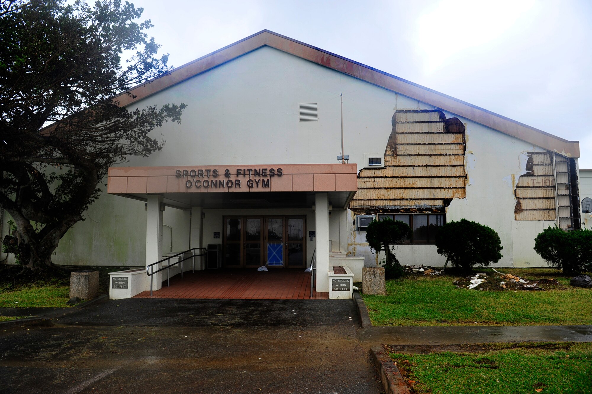 The O'Connor Sports and Fitness facility sustained superficial damage during Typhoon Songda here at Kadena Air Base, June 1. This particular typhoon began as a super typhoon, however, was downgraded to a typhoon once it hit land. (U.S. Air Force photo/Staff Sgt. Lakisha A. Croley)