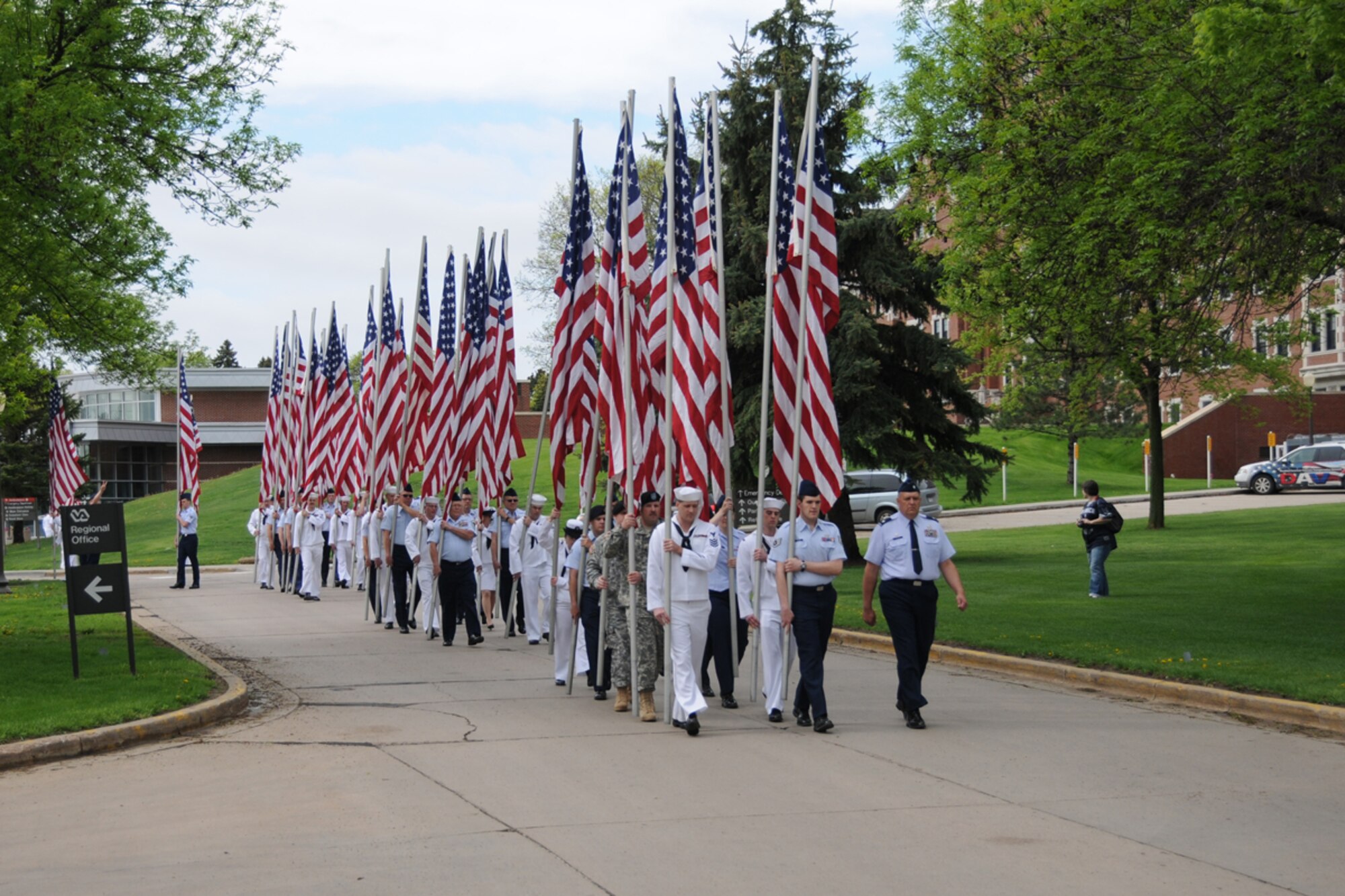 SIOUX FALLS, SD - Members of the military, including members of the 114th Fighter Wing, South Dakota Air National Guard, participated in the annual Armed Forces Day parade held at the Sioux Falls Regional Veterans Administration Hospital on May 21.  The "Parade of Flags" is a tradition at this annual event that honors both past and present members of the military. (Air Force photo by Master Sgt. Nancy Ausland, RELEASED)