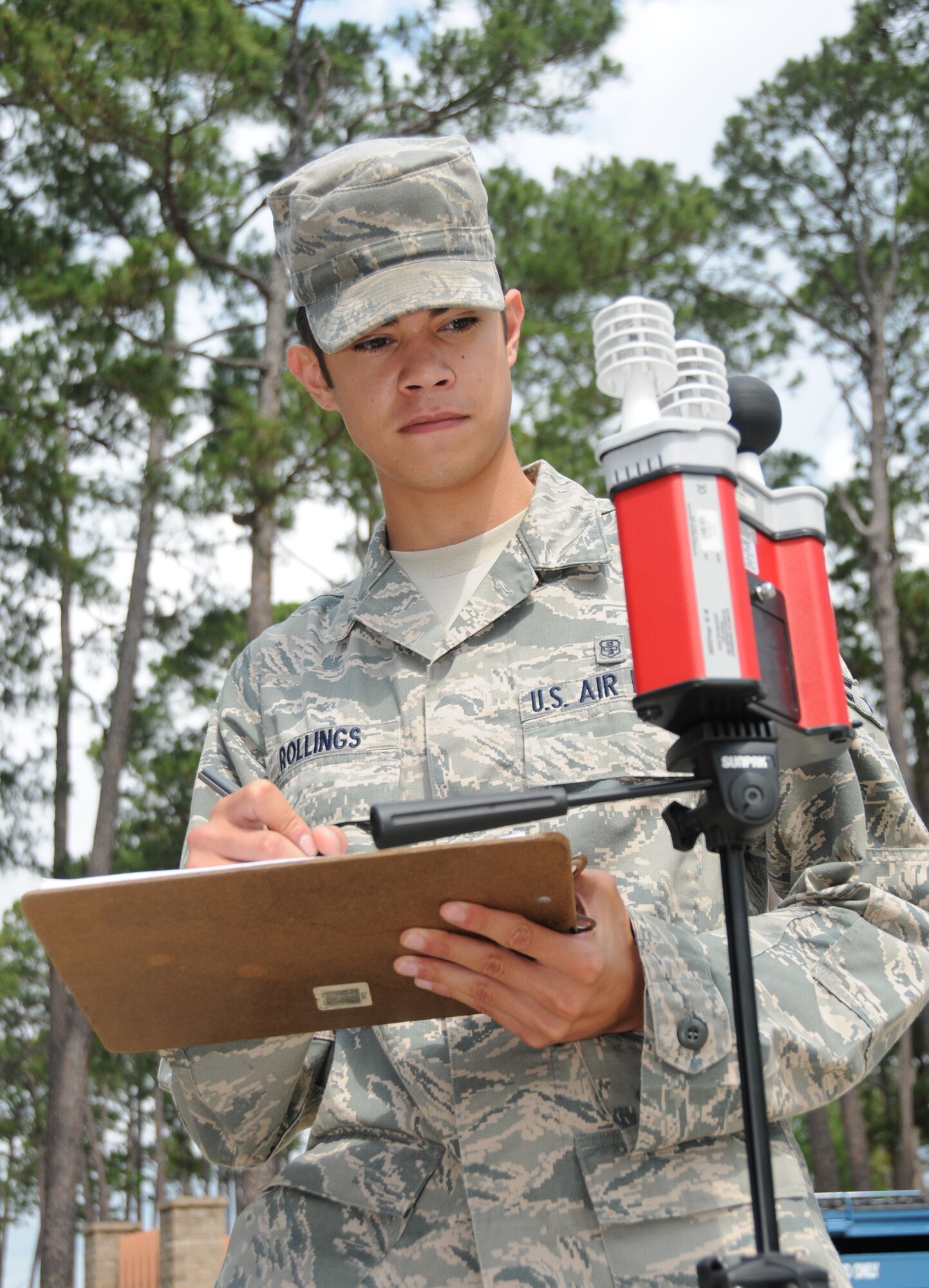 Airman 1st Class Greg Rollings, 81st Aerospace Medicine Squadron, logs a WBGT reading May 26. In May, Keesler experienced several days with black flag readings.  (U.S. Air Force photo by Kemberly Groue)