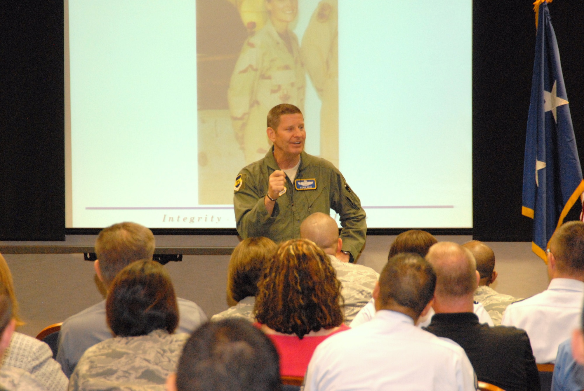 Maj. Gen. Robin Rand, Special Assistant to the Vice Chief of Staff of the Air Force, addresses Team Edwards in the Conference Center May 25. General Rand spoke to local Airmen and civilians about life in the Air Force today and to thank the Edwards workforce for their service. (Air Force photo by Kenji Thuloweit)