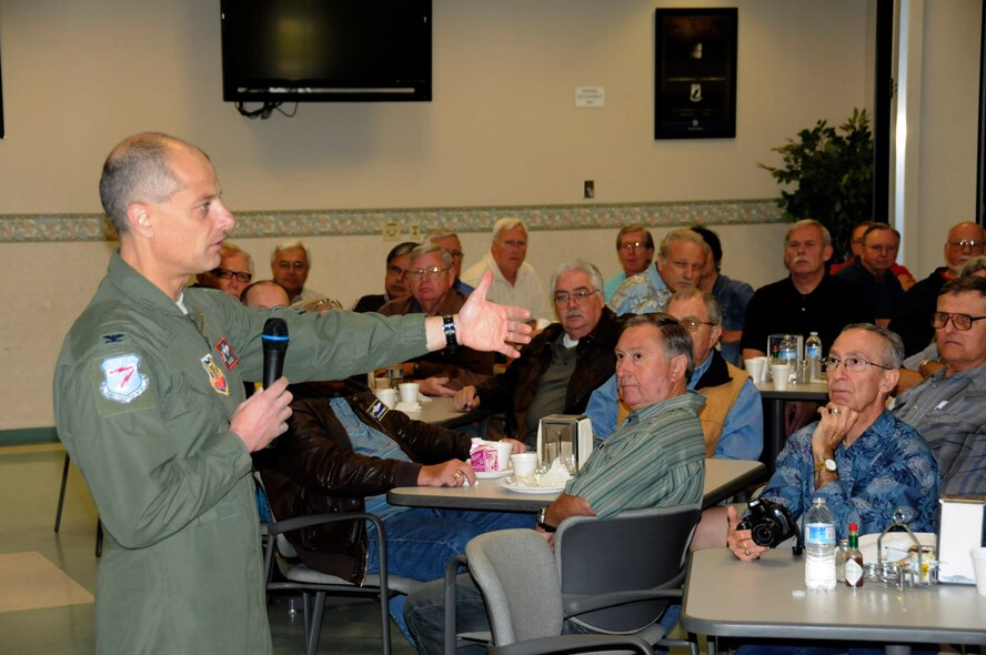 Col. Sami Said, 144th Fighter Wing Commander, addresses former members of the 144th Fighter Wing gathered in Fresno, Calif. on May 26, 2011 during the annual Retiree’s Breakfast hosted by the installation.  The breakfast is just one of the forums for the retirees to keep in touch with current members and activities taking place. (U.S. Air Force photo by Senior Master Sgt. Chris Drudge/released)