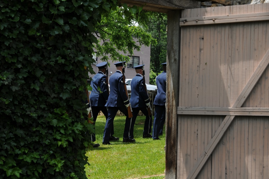 The U.S. Air Force Honor Guard Drill Team marches off the field after performing for the Disable Veterans Association's Memorial May 27 at the Historic Jordan Springs event and cultural centre, Jordan Springs, Va. Each branch of service was represented at the Memorial Day event titled "Remembering & Recognizing our Men and Women in Uniform." (U.S. Air Force photo by Airman 1st Class Tabitha N. Haynes)