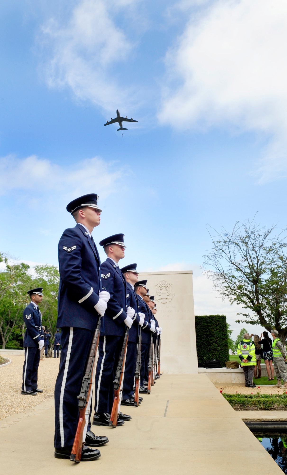 Cambridge, England -- An RAF Mildenhall KC-135 Stratotanker performs a fly-by during the Madingley American Cemetery Memorial Service in Cambridge May 30, 2011. There were a total of three flyovers during the service to include a MC-130H Combat Talon II from RAF Mildenhall, and two F-15E Strike Eagles from RAF Lakenheath. (U.S. Air Force photo/Senior Airman Ethan Morgan)