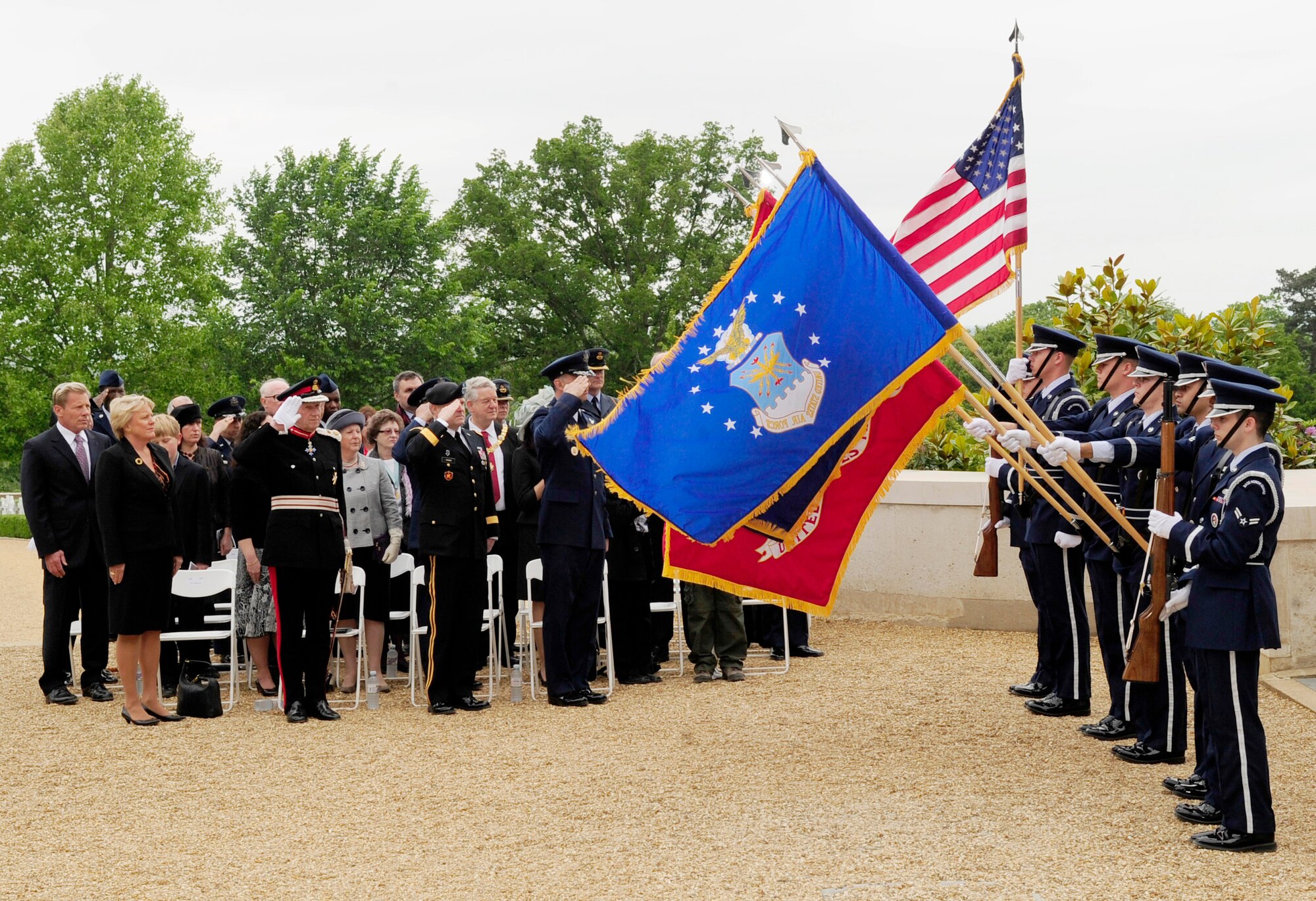 Cambridge, England -- The RAF Mildenhall Honor Guard posts the colors during the Madingley American Cemetery Memorial Service May 30, 2011. The service is held annually by RAF Mildenhall and includes full military honors to remember our fallen heroes. (U.S. Air Force photo/Senior Airman Ethan Morgan)