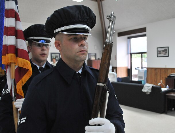 Airman 1st Class Travis Hicks holds an M-1 rifle while practicing for a retirement ceremony May 26, at Hunley Park on Joint Base Charleston. The JB CHS Honor Guard is made up of 23 of Airmen who train five days a week. (U.S. Air Force photo/ Airman 1st Class Jarid Trimarchi) 
