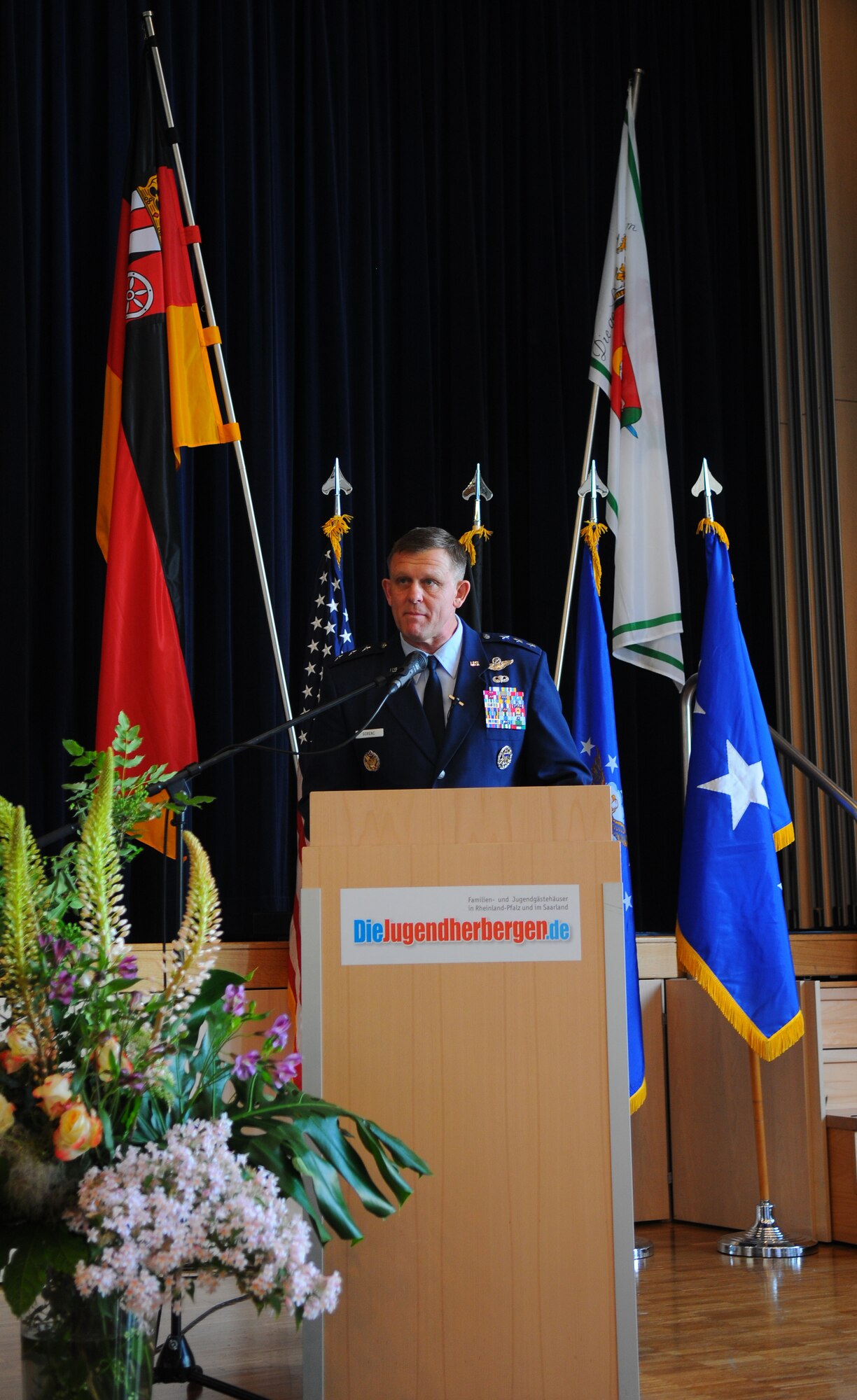 PRUEM, Germany – Lt. Gen. Frank Gorenc, 3rd Air Force commander, speaks in front of a multinational military crowd at a military reception hosted by the 52nd Fighter Wing during the Rheinland-Pfalz Day Fair in Pruem, Germany, May 28. The Rheinland-Pfalz Day Fair is a three-day festival with entertainment, informational booths and other attractions. (U.S. Air Force photo/Airman 1st Class Dillon Davis)