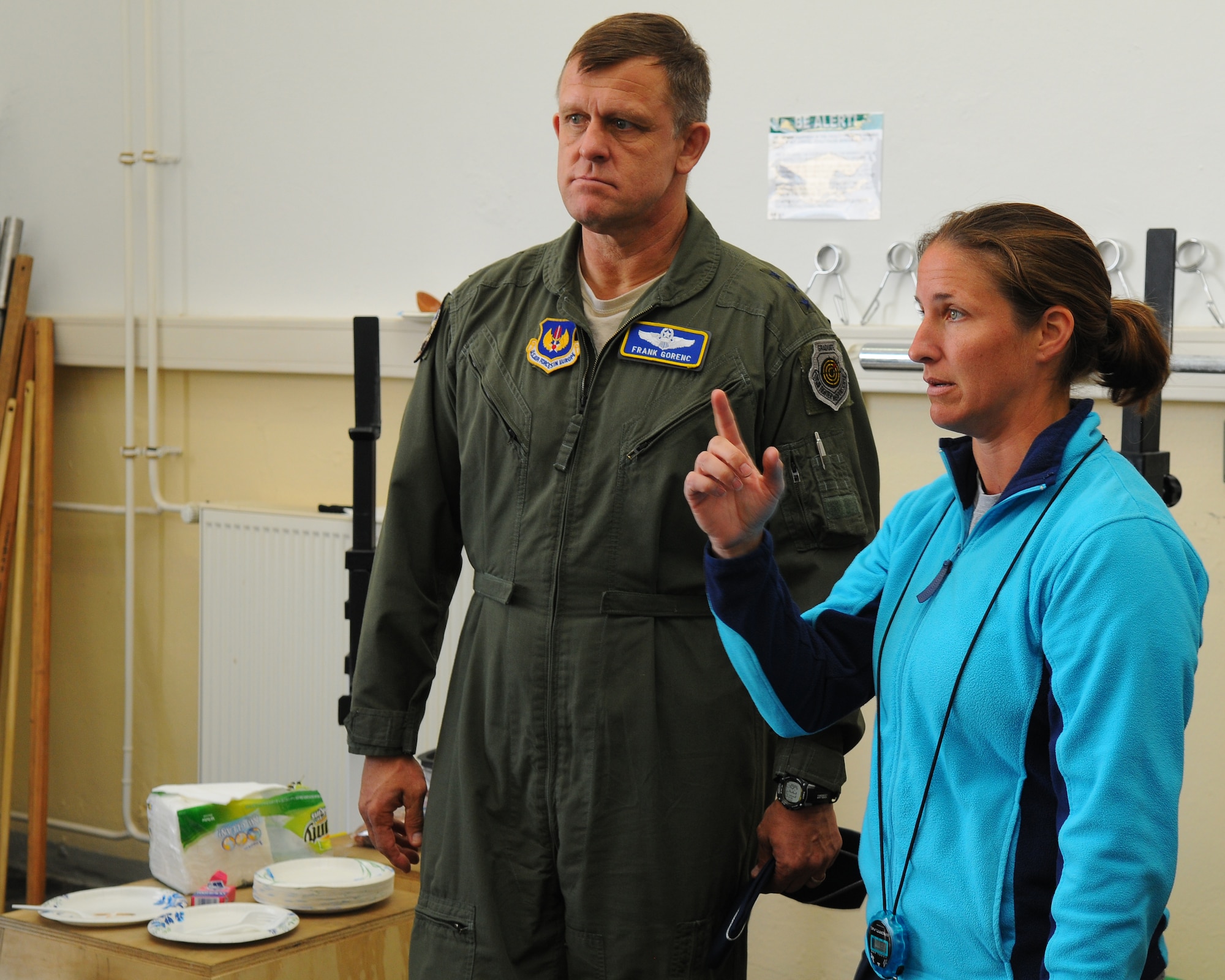 SPANGDAHLEM AIR BASE, Germany -- Jennifer Phillips, 52nd Force Support Squadron Fitness Assessment Cell, discusses the training programs offered at the Combat Fitness Center with Lt. Gen. Frank Gorenc, 3rd Air Force commander, here May 27. General and Mrs. Gorenc visited various facilities on Spangdahlem AB to improve their understanding of the base's daily operations. (U.S. Air Force Photo/Airman 1st Class Dillon Davis)