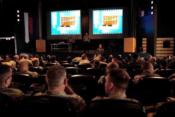 Joe McCluan and Scott McIntyre, firemen and paramedics with the Orlando Fire Department prepare to deliver a safety briefing for Airmen and DOD members of the Kaiserslautern Military community, May 27, 2011, Ramstein AB, Germany. The Street Smart presentation is a straight forward safety demonstration on the consequences of poor choices and driving through Florida Stay Alive from Education (S.A.F.E.). (U.S. Air Force Photo by Tech. Sgt. Jocelyn L. Rich)