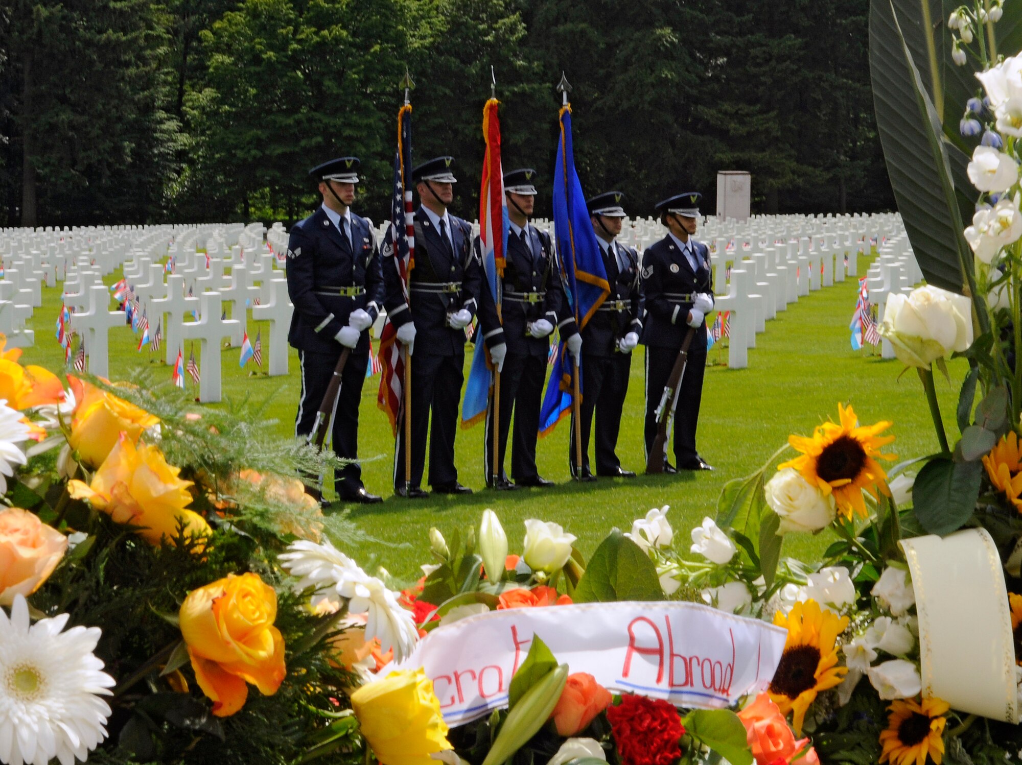 LUXEMBOURG – The 52nd Fighter Wing Honor Guard stands at parade rest during a Memorial Day service at the Luxembourg American Cemetery and Memorial in Luxembourg May 28. The cemetery and memorial is the final resting place for more than 5,000 U.S. service members, including Gen. George S. Patton. (U.S. Air Force photo/Staff Sgt. Benjamin Wilson)