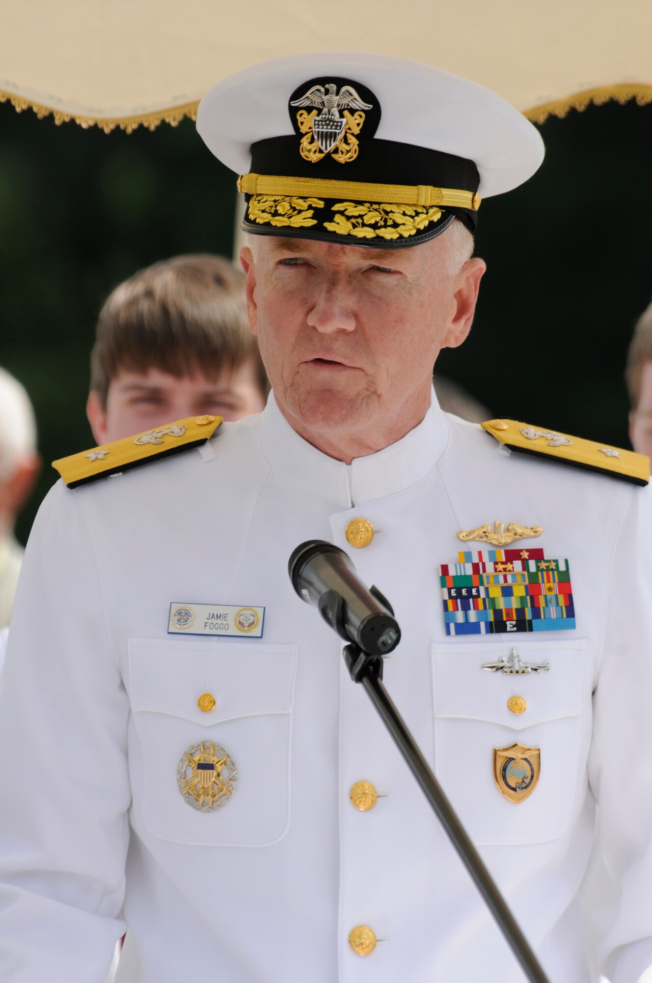 U.S. Navy Rear Adm. James Foggo, 6th Fleet deputy commander, delivers a speech during a Memorial Day service at the Luxembourg American Cemetery and Memorial in Luxembourg May 28. The cemetery and memorial is the final resting place for more than 5,000 U.S. service members, including Gen. George S. Patton. (U.S. Air Force photo/Staff Sgt. Benjamin Wilson)