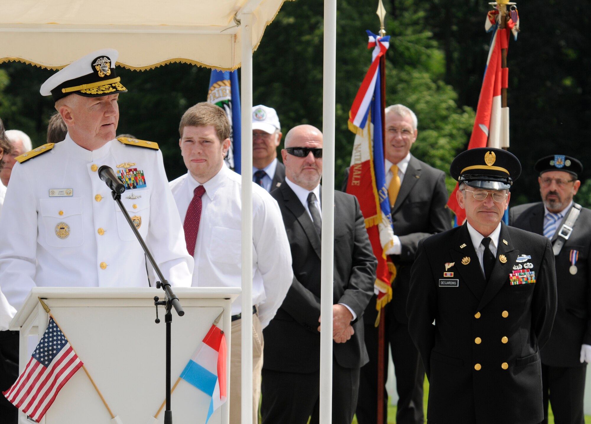 U.S. Navy Rear Adm. James Foggo, 6th Fleet deputy commander, delivers a speech during a Memorial Day service at the Luxembourg American Cemetery and Memorial in Luxembourg May 28. The cemetery and memorial is the final resting place for more than 5,000 U.S. service members, including Gen. George S. Patton. (U.S. Air Force photo/Staff Sgt. Benjamin Wilson)