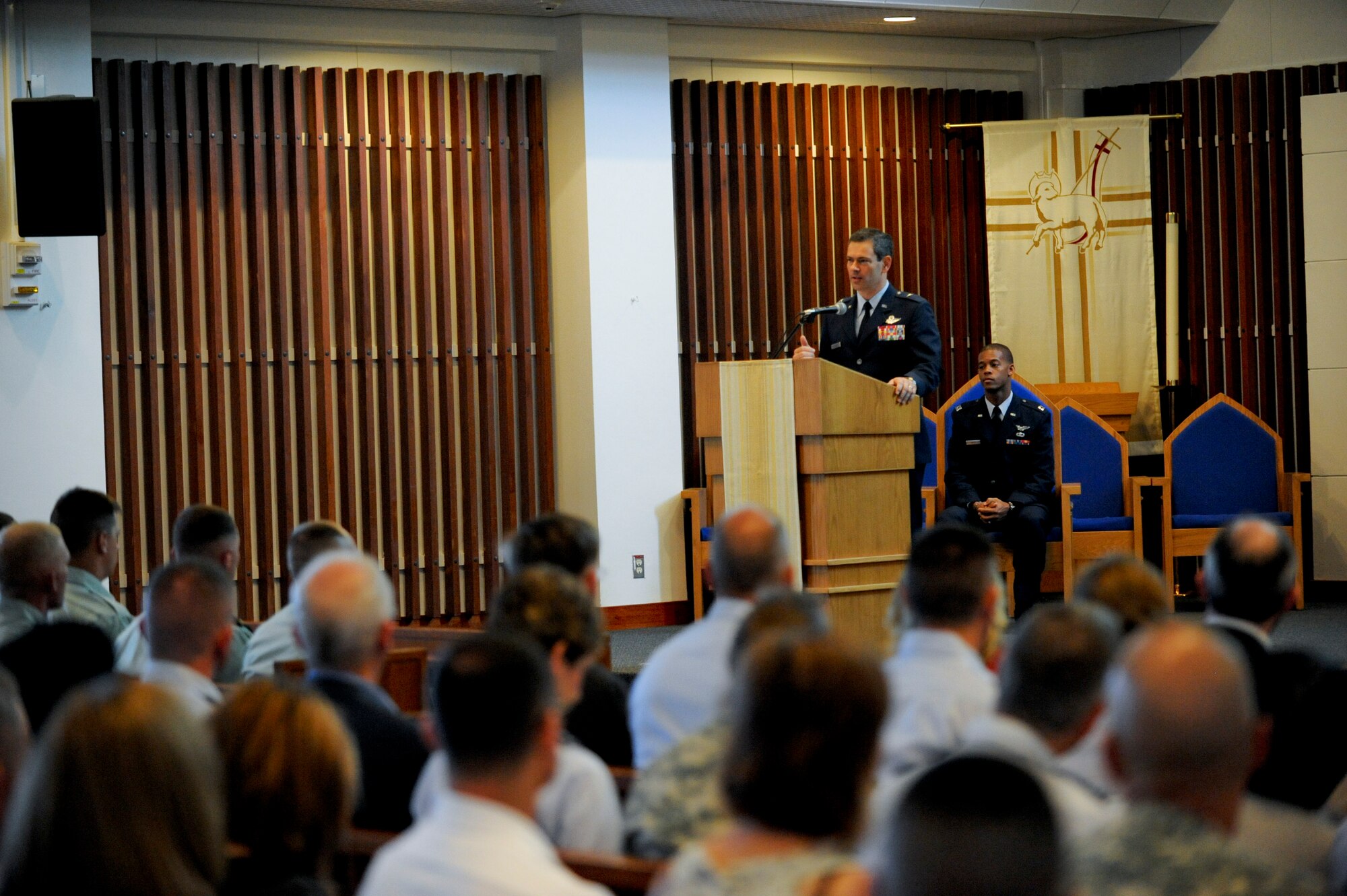 Brig. Gen. Ken Wilsbach, 18th Wing commander, shares some words with guests at Kadena's Memorial Day observance, May 30. Memorial Day is held each year to commemorate fallen service members for their sacrifices for the nation's defense.  (U.S. Air Force photo/ Staff Sgt. Jonathan Steffen)