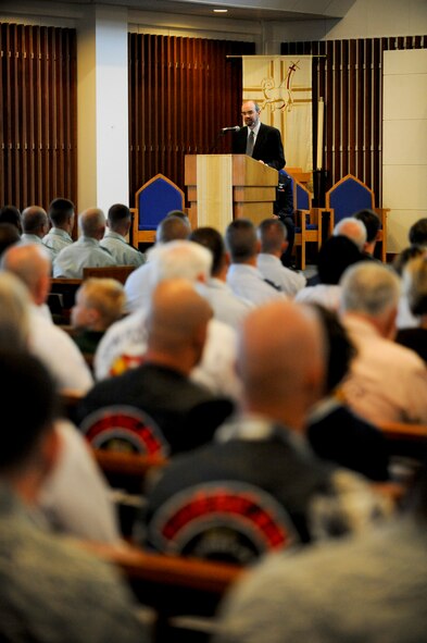 Mr. Raymond Greene, Okinawa U.S. consulate general and guest speaker, gives a speech about Memorial Day at the observance, May 30. Memorial Day is held each year to commemorate fallen service members for their sacrifices for the nation's defense.  (U.S. Air Force photo/ Staff Sgt. Jonathan Steffen)