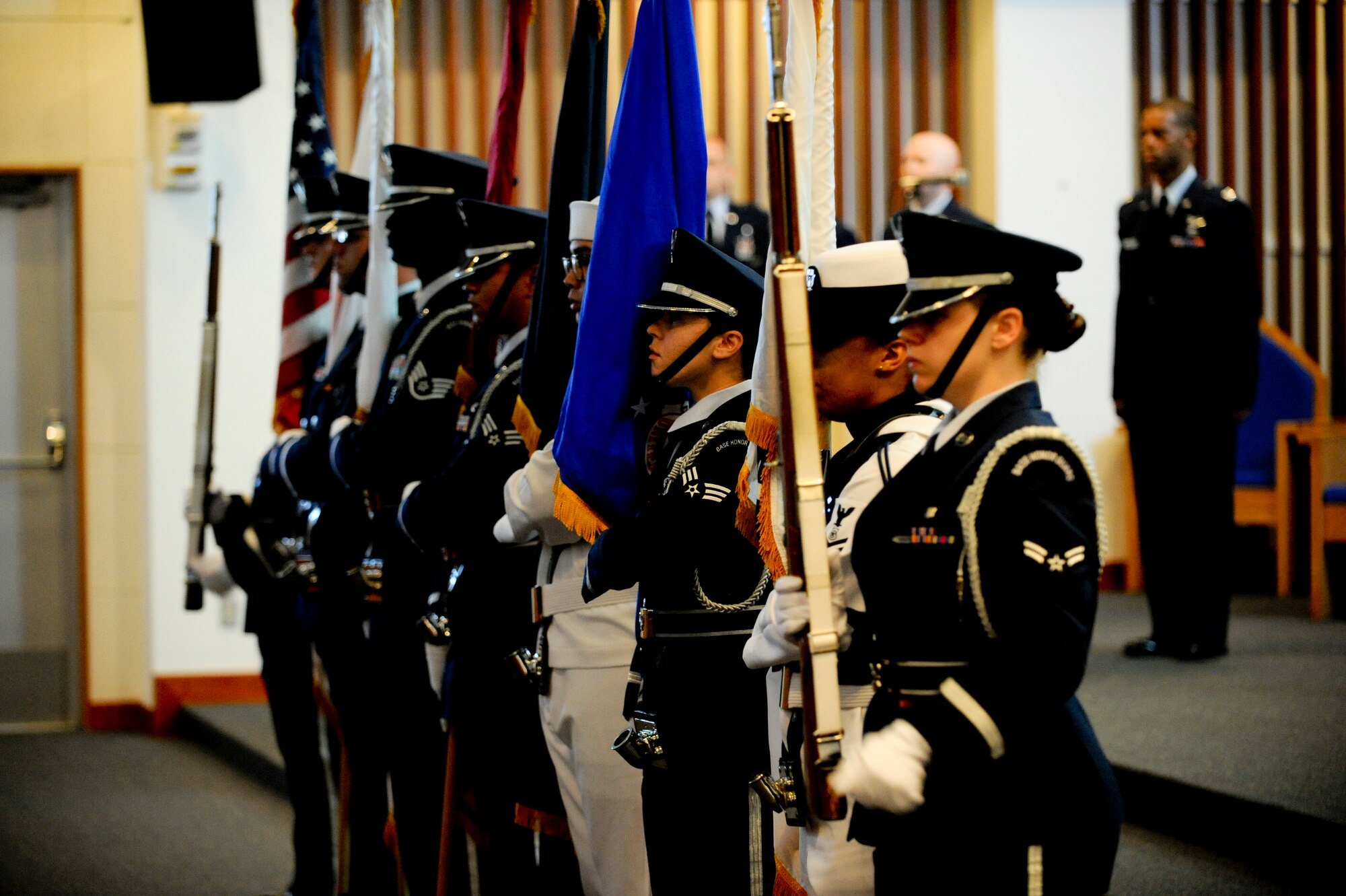 Kadena Base Honor Guard presents the flags at the Memorial Day observance ceremony May 30. Memorial Day is held each year to commemorate fallen service members for their sacrifices for the nation's defense.  (U.S. Air Force photo/ Staff Sgt. Jonathan Steffen)