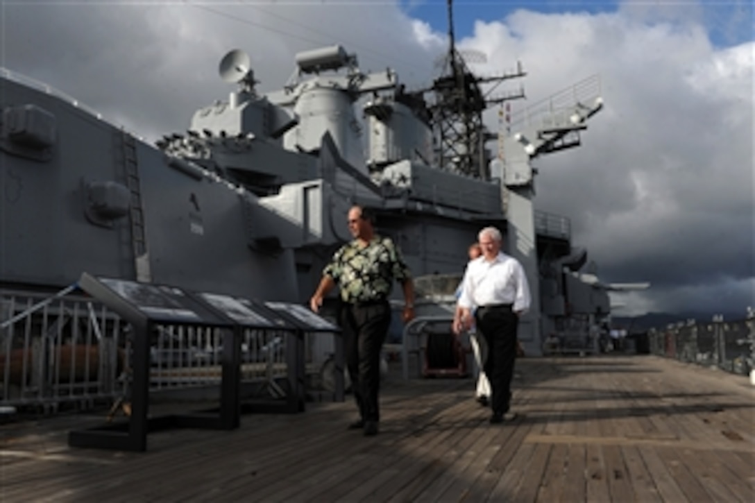 Secretary of Defense Robert M. Gates tours the USS Missouri Memorial, Ford Island, Hawaii, on May 31, 2011.  