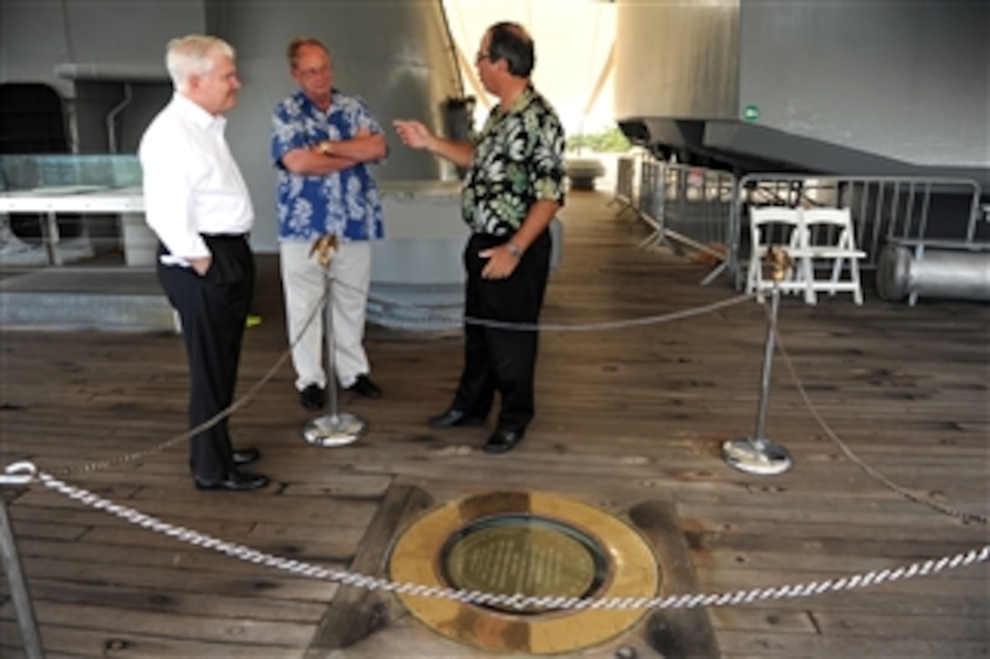 Secretary of Defense Robert M. Gates tours the USS Missouri Memorial, Ford Island, Hawaii, on May 31, 2011.  