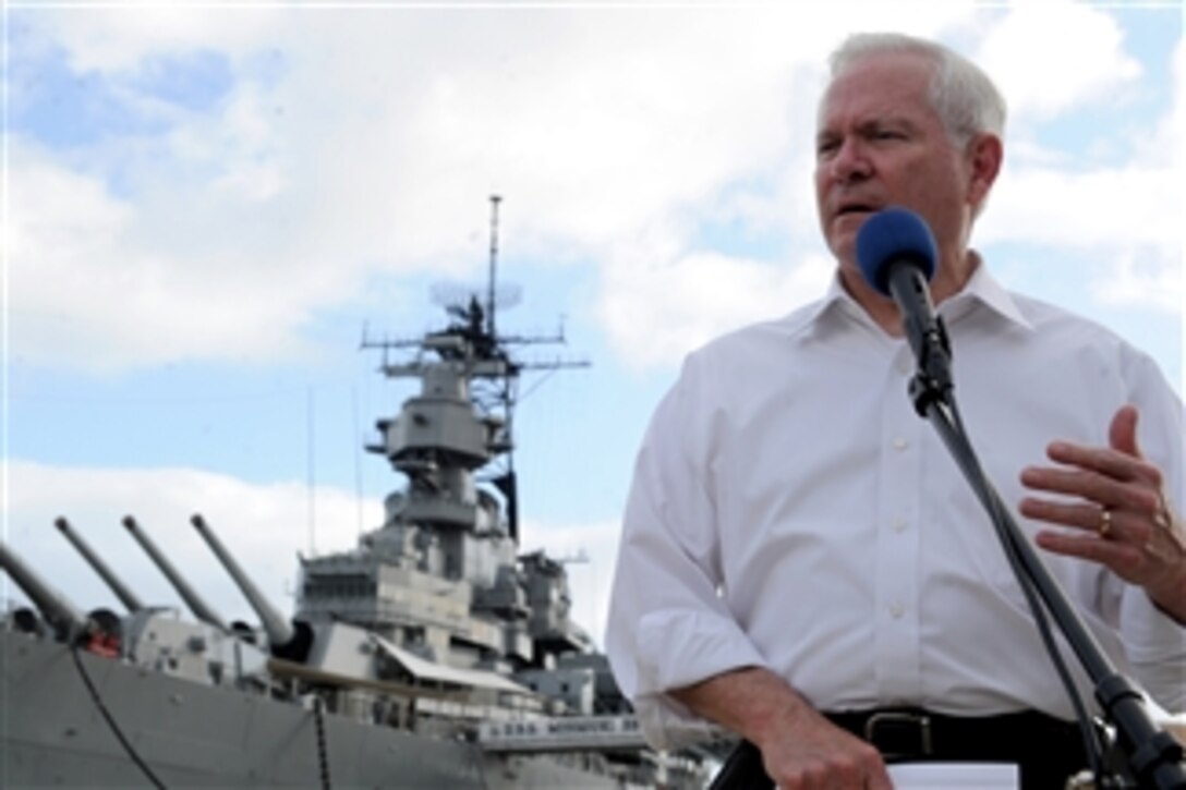 Secretary of Defense Robert M. Gates speaks with members of the press after touring the USS Missouri Memorial, Ford Island, Hawaii, on May 31, 2011.  