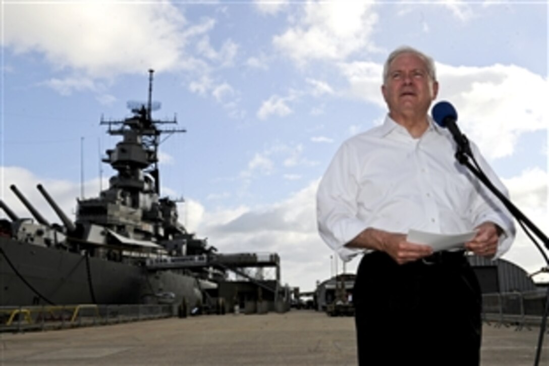 Defense Secretary Robert M. Gates speaks with members of the press after touring the USS Missouri Memorial on Ford Island, Hawaii, May 31, 2011. Gates visited the memorial while en route to Singapore to attend the Shangri-La Dialogue, which begins later this week. 
