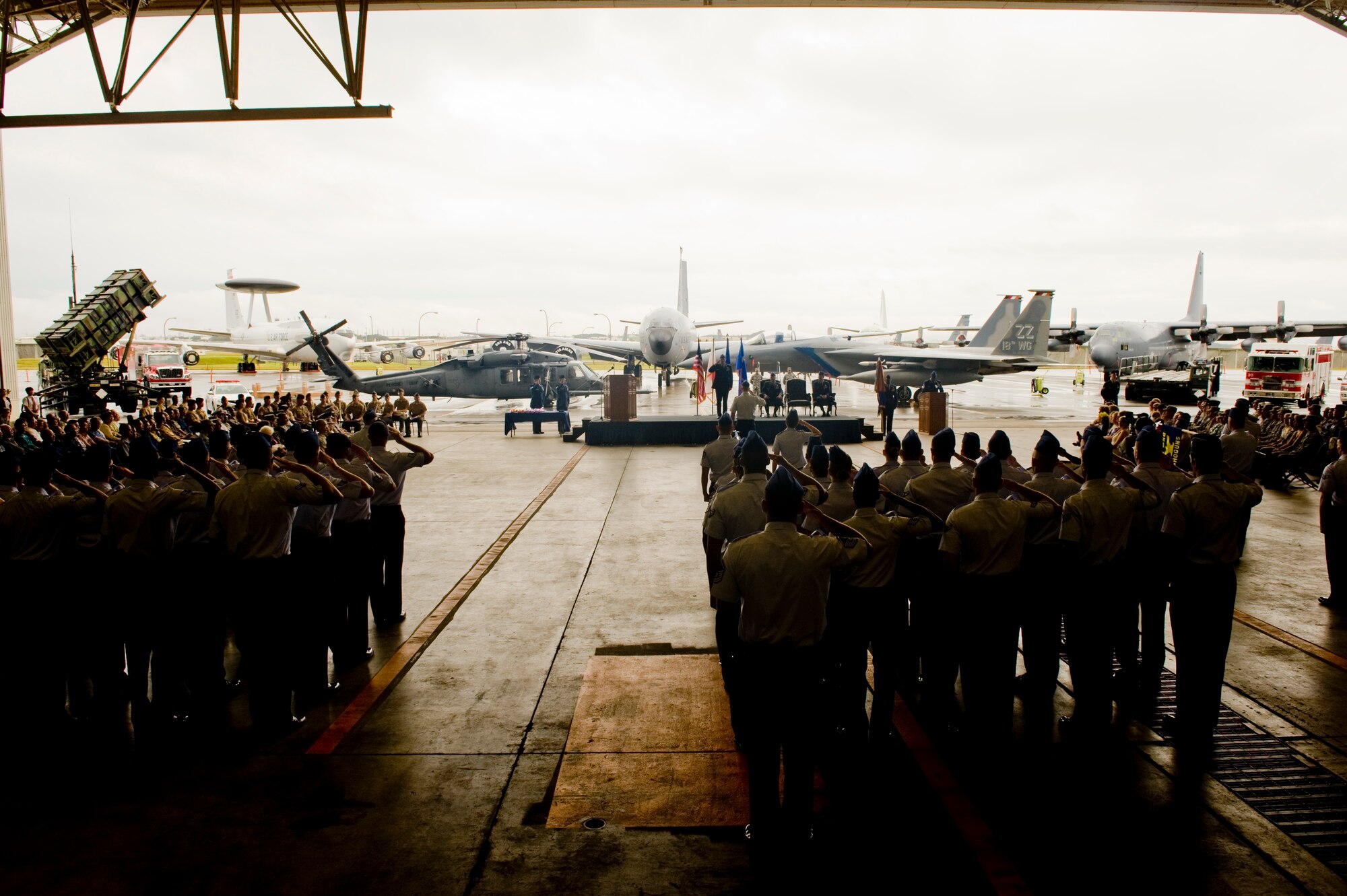 Brig. Gen. Matt Mallow receives his first salute as the new commander of the 18th Wing during the 18th Wing change of command June 3. Brig Gen. Mathew Molloy became the 18th Wing commander after Brig. Gen. Ken Wilsbach relinquished command. (U.S. Air Force photo/Staff Sgt. Jonathan Steffen)