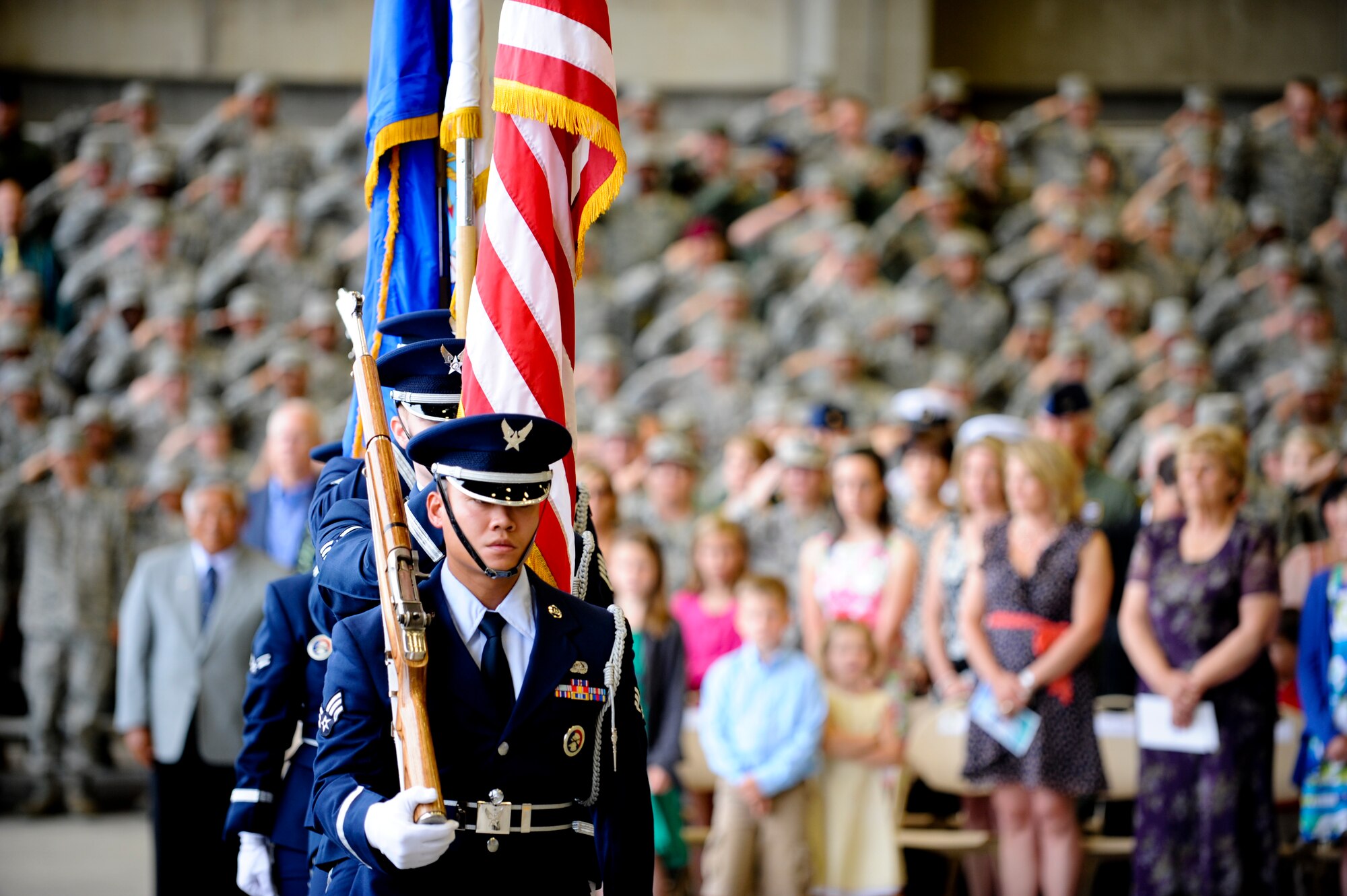 The Kadena Honor Guard presents the colors during the 18th Wing change of command here June 3. Brig Gen. Ken Wilsbach relinquished command to Brig. Gen. Matt Molloy. (U.S. Air Force photo/Staff Sgt. Jonathan Steffen)