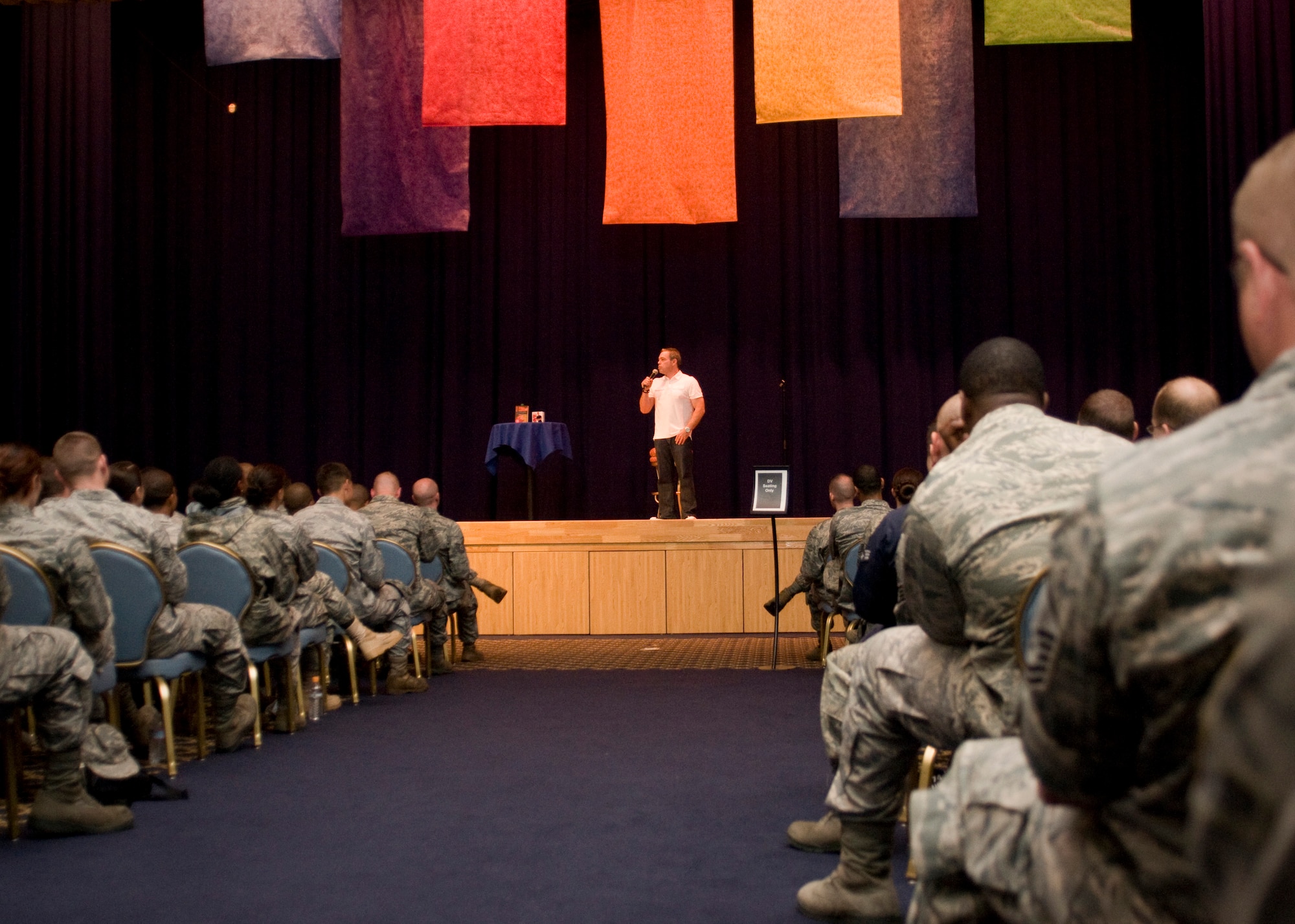 YOKOTA AIR BASE, Japan -- Bernie McGrenahan, comedian, speaks to Yokota Airmen about the consequences of careless drinking as part of the "Happy Hour" comedy tour at the Taiyo Community Center, June 2, 2011, Yokota Air Base, Japan. Bernie entertained Airmen with jokes and provided an inspirational message that encourages Airmen to avoid excessive alcohol consumption, motivating them to follow a more healthy and productive way of life. (U.S. Air Force photo/Senior Airman Andrea Salazar)