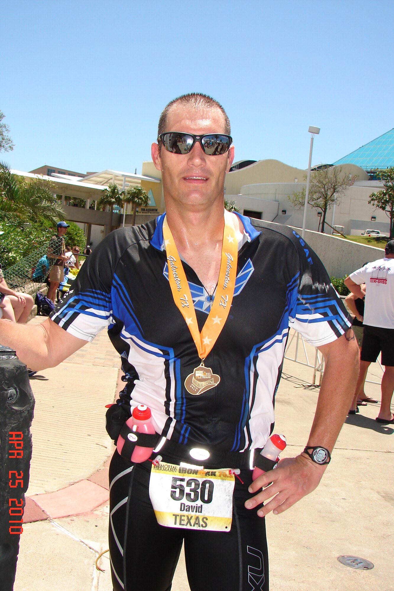 Staff Sgt. David D. Staffeld, 301st Aircraft Maintenance Squadron avionics specialist, after the completion of his first 70.3 Ironman competition in Galveston, Texas April 25,  2010. A 70.3 marathon consists of a 1.2-mile swim, 56-mile bike and 13.1-mile run. (Courtesy photo)



