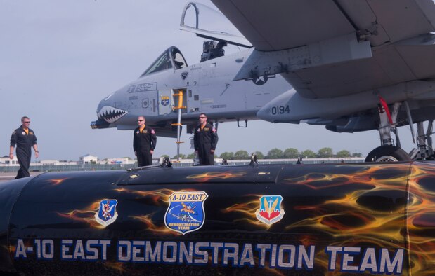 The A-10 East Demonstration Team support crew performs a dry run before an air show at Jones Beach, N.Y., May 28. The crew has a demonstration they perform before every flight which also doubles as a check of the aircraft. (U.S. Air Force photo by Airman 1st Class Nicholas Benroth/Released)