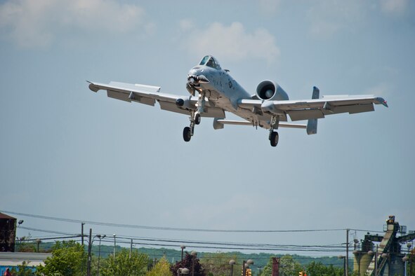 An A-10C Thunderbolt II flown by Maj. Dylan Thorpe, A-10 East Demonstration Team pilot, prepares for landing after a successful flight during an air show at Long Island, N.Y., May 28. The demo team performed twice a day during the two-day air show. (U.S. Air Force photo by Staff Sgt. Jamal D. Sutter/Released)