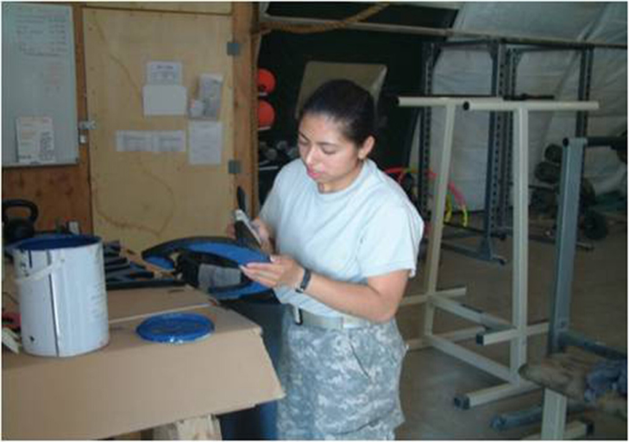 Army Spc. Marisol Munoz paints a piece of a sign to be put on display naming the 738th Air Expeditionary Advisory Group "Camp Ransom." The camp was named after Maj. Charles Ransom, a member of the unit who died as a result of wounds received from enemy gunfire April 27, 2011, at the Kabul International Airport in Afghanistan, while supporting Operation Enduring Freedom. Specialist Munoz is assigned to the 443rd Air Expeditionary Squadron. (U.S. Air Force photo/Chief Master Sgt. Mark Long) 
