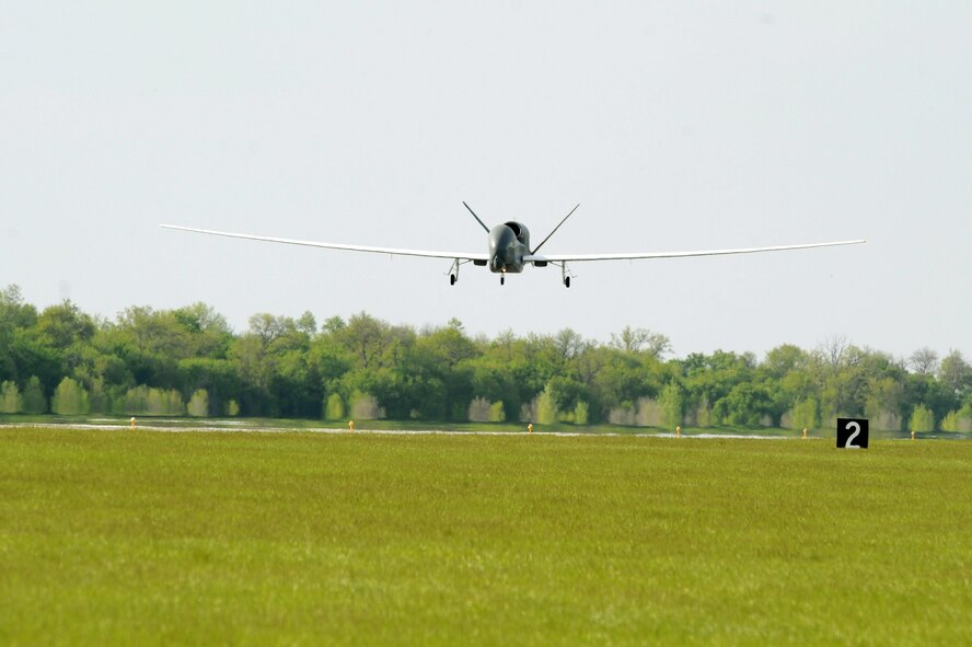 The first RQ-4 Global Hawk arrives to Grand Forks Air Force Base May 26. The arrival marked the beginning of a new era of remotely piloted aircraft at the base, which will be maintained under Detachment 1, 9th Reconnaissance Wing. (U.S. Air Force photo by Tech. Sgt. Johnny Saldivar)