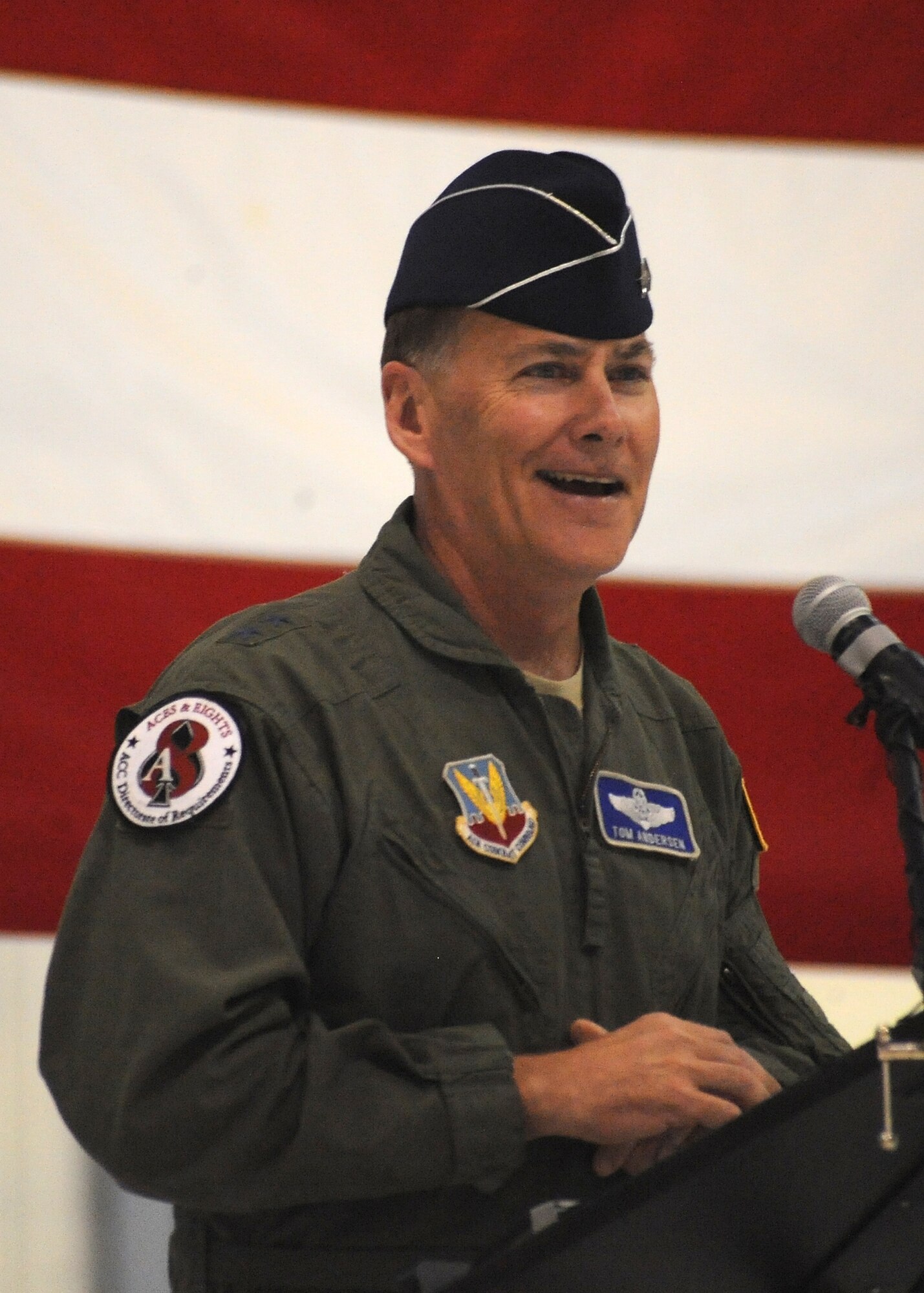 Maj. Gen. Thomas K. Andersen, Headquarters, Air Combat Command director of requirements, speaks during the arrival ceremony of the RQ-4 Global Hawk June 1 at Grand Forks Air Force Base. The arrival marked the beginning of a new era of remotely piloted aircraft at the base, which will be maintained under Detachment 1, 9th Reconnaissance Wing. (U.S. Air Force photo by Staff Sgt. Suellyn Nuckolls)