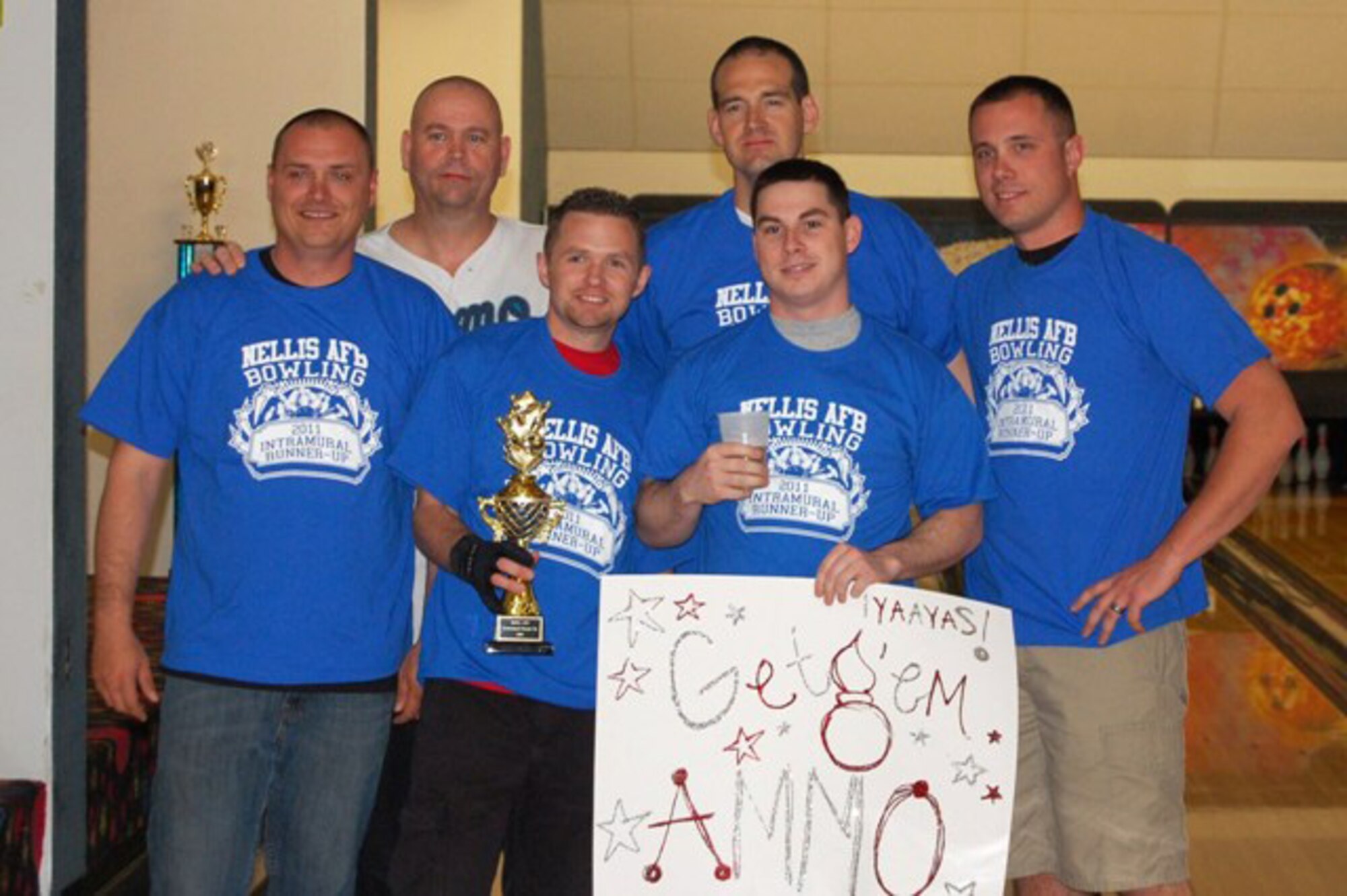 NELLIS AIR FORCE BASE, Nev.-- The members of the 57 MXS AMMO Team from left to right:  Tech. Sgt. Jason Neiss, Master Sgt. Kipp Bourgeois, Staff Sgt. Josh Basham, Tech. Sgt. Robert Irvine, Staff Sgt. Michael Phelpsand  Tech. Sgt. Jason Brackins. (Courtesy photo)