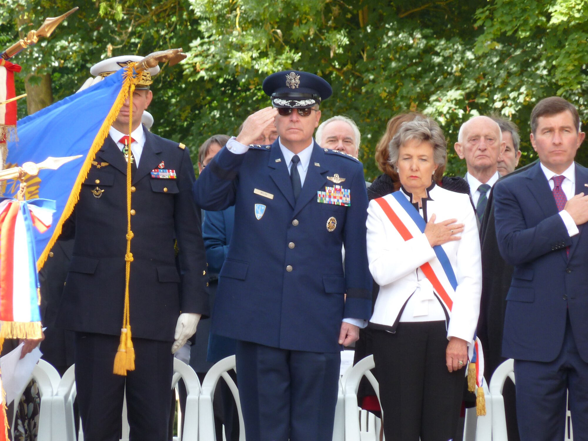 PARIS - (left to right) Lt. Gen. Paul Fouilland, Commander in Chief,
French Strategic Air Force, and Gen. Mark A. Welsh III, U.S. Air Force in
Europe commander; present a salute while Ms. Christiane Barody-Weiss, Mayor,
Marnes-la-Coquette; and Honorable Charles Rivkin, U.S. Ambassador to France,
also show respect during the 21-gun salute and the playing of taps during
the Lafayette Escadrille Memorial ceremony outside of Paris, May 28, 2011.
The memorial honors the American pilots of the Escadrille La Fayette and the
Lafayette Flying Corps who died during service to the Allies. (U.S. Air
Force photo/Maj. Beverly Mock) 