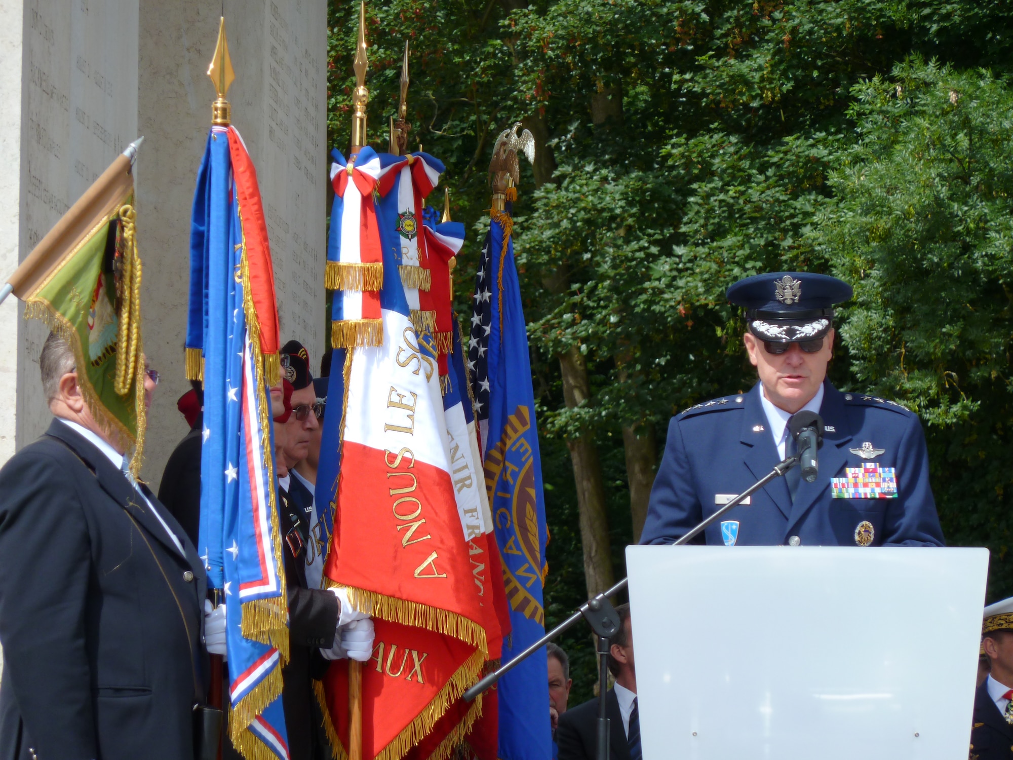 PARIS - Gen. Mark A. Welsh III, U.S. Air Forces in Europe commander,
delivers a speech to the crowd gathered for the ceremony at the Lafayette
Escadrille Memorial outside of Paris, May 28, 2011. The memorial honors the
American pilots of the Escadrille La Fayette and the Lafayette Flying Corps
who died during service to the Allies. (U.S. Air Force photo/Maj. Beverly
Mock) 