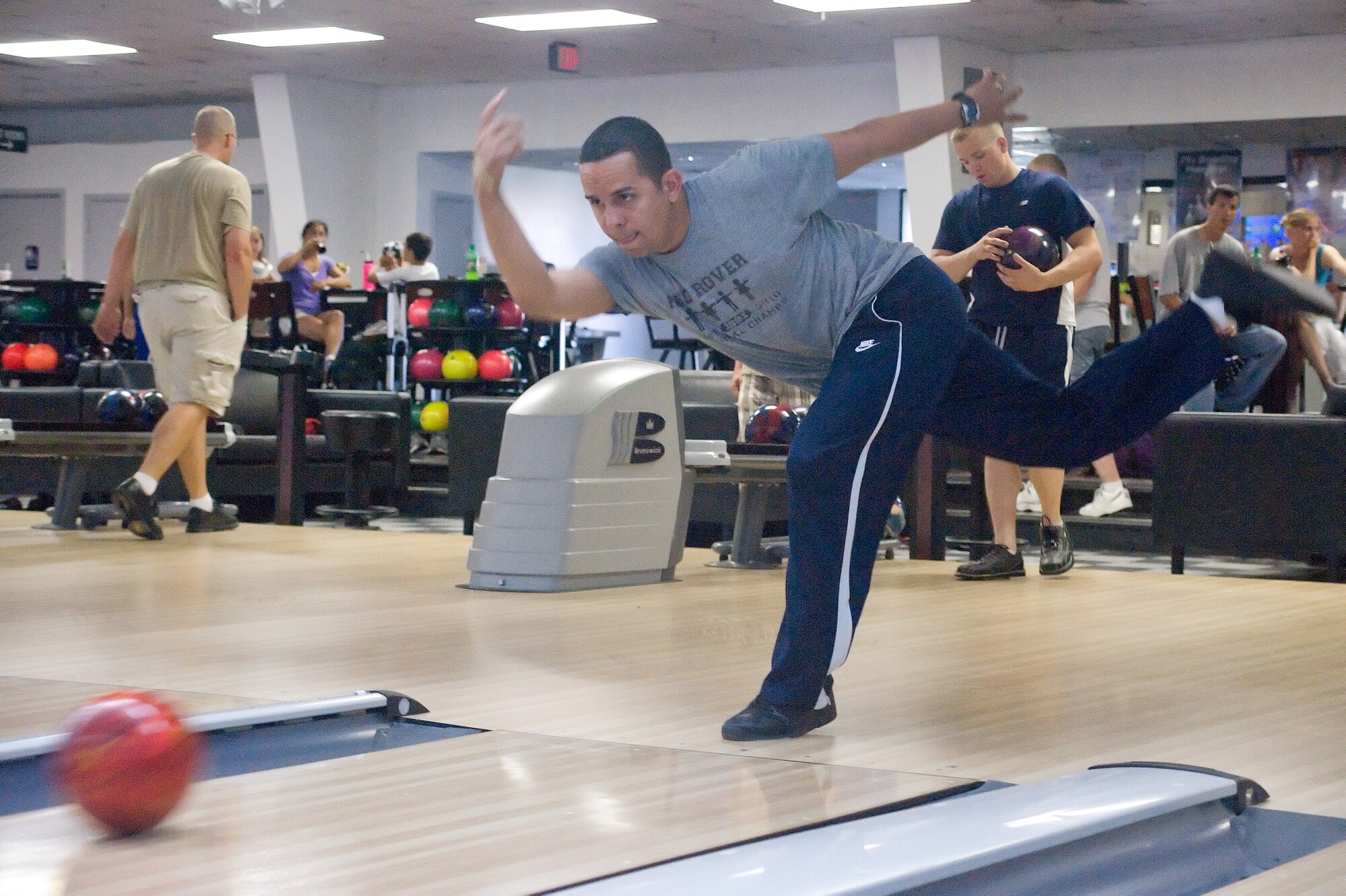 Staff Sgt. Pablo Gonzalez, 736th Aircraft Maintenance Squadron, bowls at the All-Star Tournament May 31, 2011, at Eagle Lanes Bowling Alley, Dover Air Force Base, Del. The tournament featured 10 of the top performers at the squadron-league level.  (U.S. Air Force photo by Airman 1st Class Samuel Taylor)
