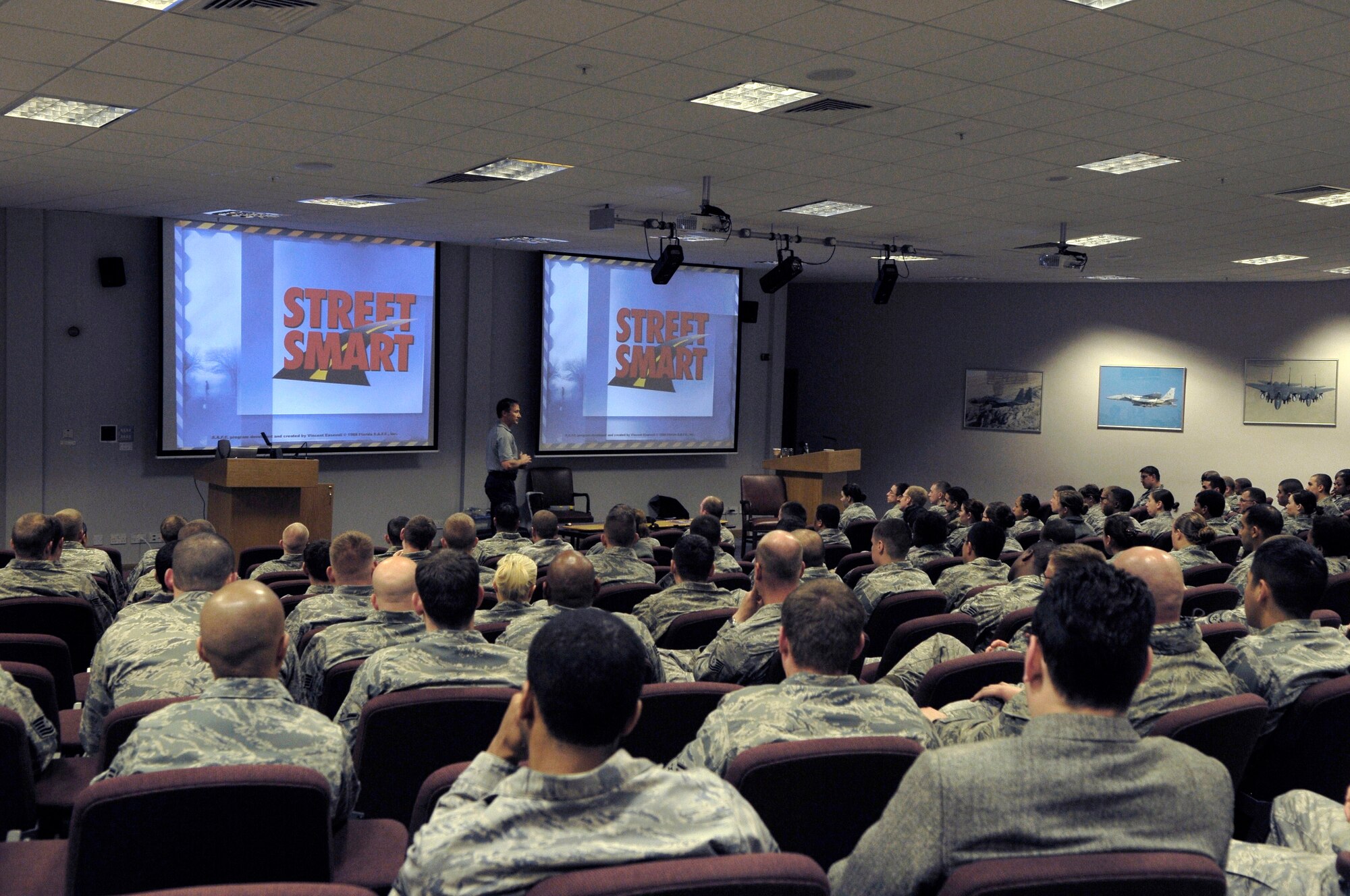 ROYAL AIR FORCE LAKENHEATH, England -- Mr. Vince Easevoli, executive director of Florida Stay Alive From Education Incorporated, speaks to Airmen at the RAF Lakenheath Strike Eagle Complex, May 31, 2011. The SAFE, Operation Street Smart program educates people on the consequences of poor decision-making and focuses on making drivers aware of the dangers of driving under the influence of alcohol or drugs, not wearing seatbelts and the trauma associated with a serious accident.  (U.S. Air Force photo/Staff Sgt. Connor Estes)