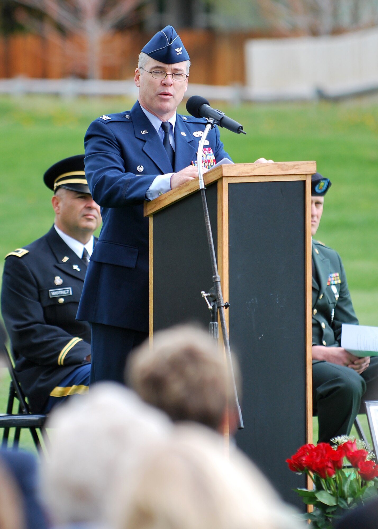 HAILEY, Idaho – Col. James McClellan, 366th Maintenance Group commander, speaks to more than 400 military personnel and civilians during the Memorial Day ceremony at the Hailey Cemetery May 30. (U.S. Air Force photo by Master Sgt. Andrew Leonhard)