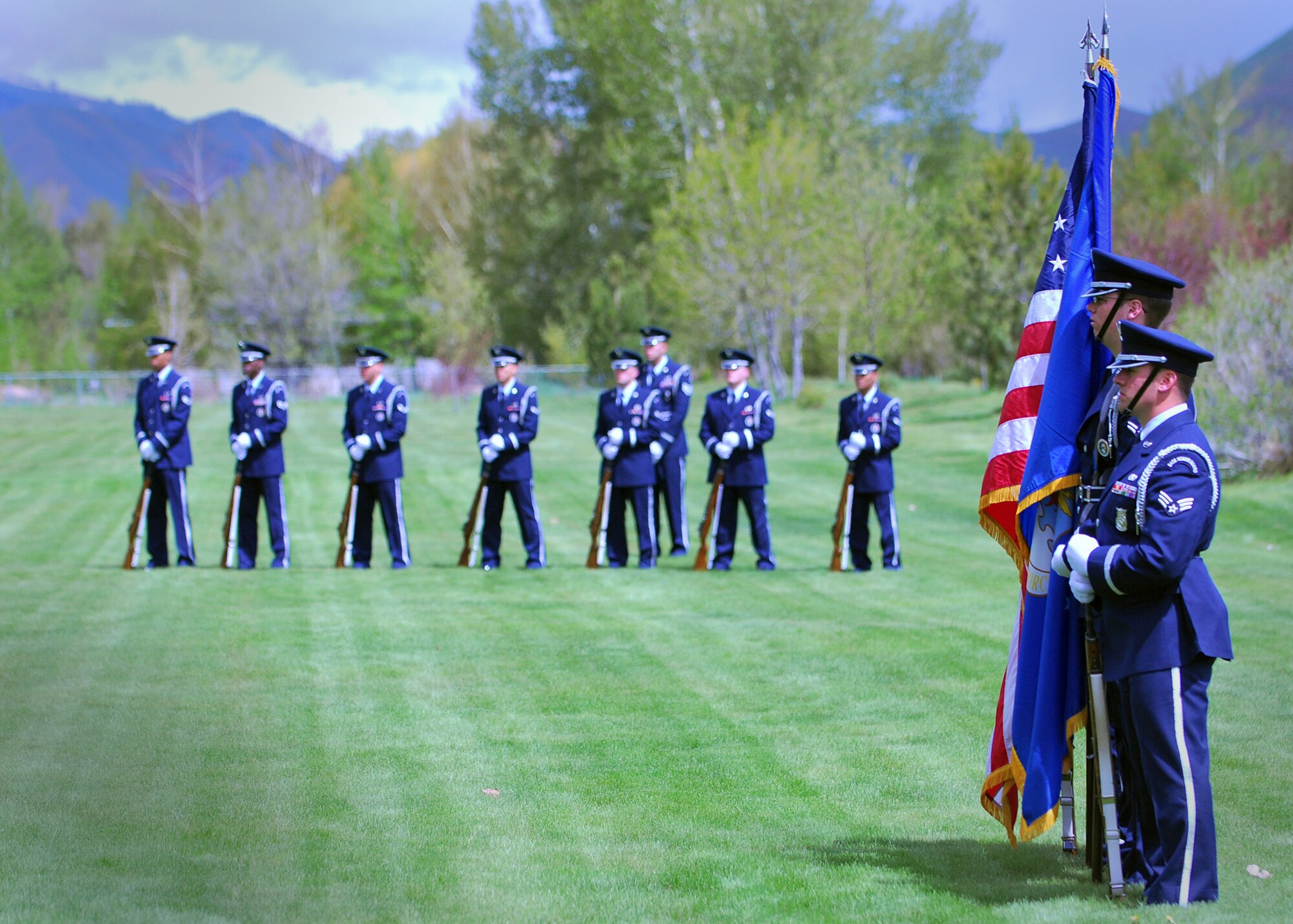 HAILEY, Idaho – The 366th Fighter Wing Honor Guard posts the colors at the beginning of the Hailey Memorial Day service in front of more than 400 people May 30. Past and present service personnel from all Department of Defense branches were in attendance, including veterans from WW II, Korean War, Vietnam War and both Gulf Wars. (U.S. Air Force photo by Master Sgt. Andrew Leonhard)