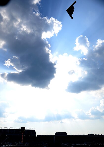 CHARLOTTE MOTOR SPEEDWAY, N.C. - A B-2 Spirit from Whiteman Air Force Base, Mo., performs a fly-over during the opening ceremonies of the Coca-Cola 600 here, May 29, 2011. Charlotte Motor Speedway hosted many military members and their families to celebrate Memorial Day. (U.S. Air Force photo/Senior Airman Rae Perry)(RELEASED)