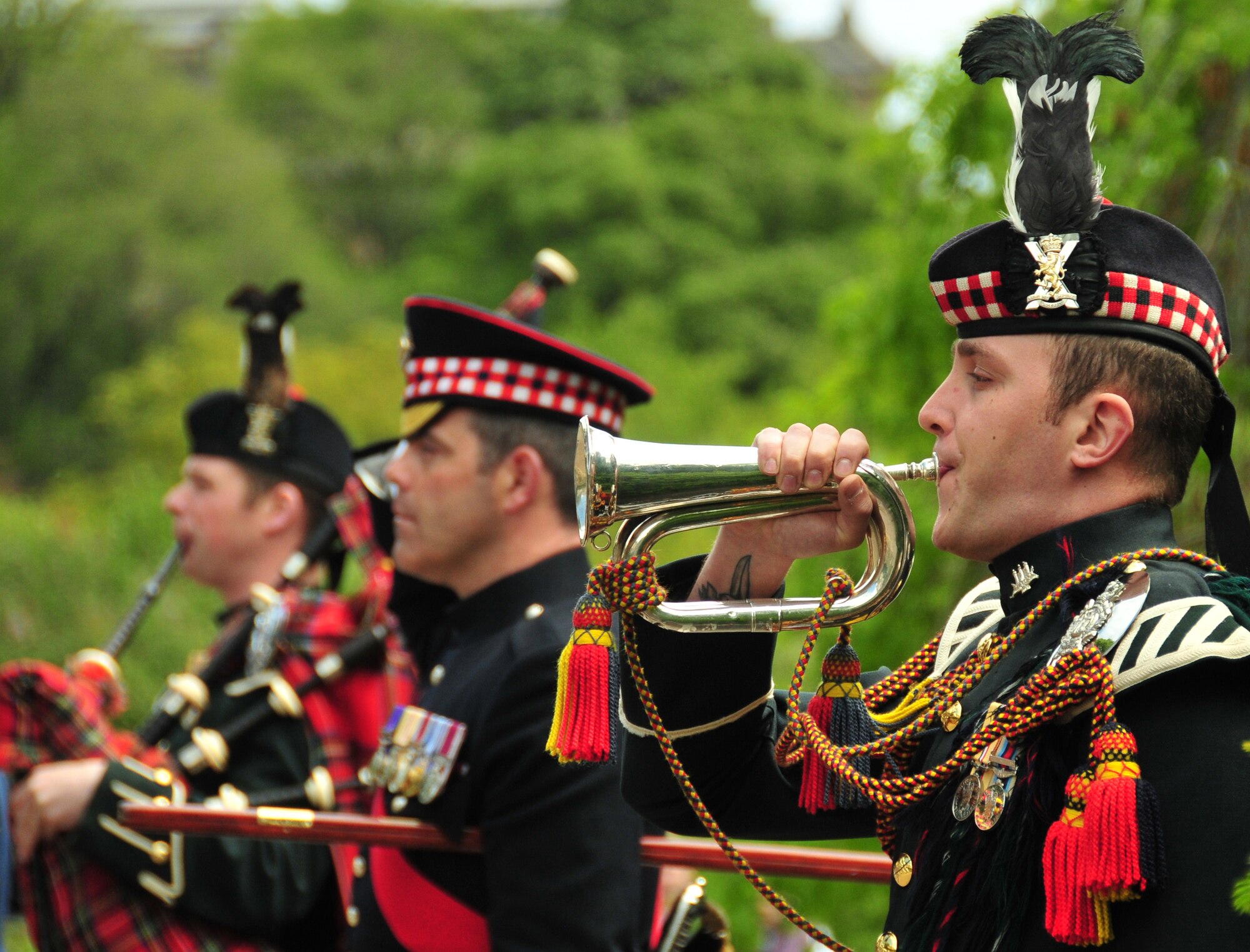 EDINBURGH, Scotland -- A bagpiper from the British Army's Royal Scots Dragoon Guards participates a Memorial Day ceremony honoring fallen heroes at the Scottish-American War Memorial in Edinburgh, Scotland on May 30. The 48th Fighter Wing Honor Guard participated in the 77th annual Scottish-American Memorial Day service at the war memorial, presented to the Scottish people by the U.S., as a tribute to World War I Scottish troops. (U.S. Air Force photo/ Staff Sgt. Megan P. Lyon) 
