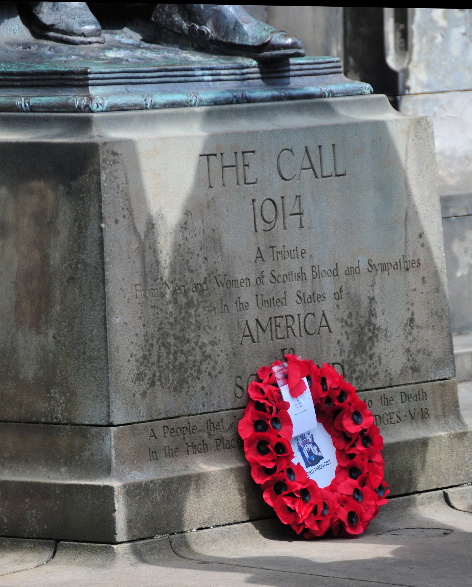 EDINBURGH, Scotland -- A poppy wreath lays at the base of "The Call," during a Memorial Day ceremony honoring fallen heroes at the Scottish-American War Memorial in Edinburgh, Scotland on May 30. The 48th Fighter Wing Honor Guard participated in the 77th annual Scottish-American Memorial Day service at the war memorial, presented to the Scottish people by the U.S., as a tribute to World War I Scottish troops. (U.S. Air Force photo/ Staff Sgt. Megan P. Lyon) 