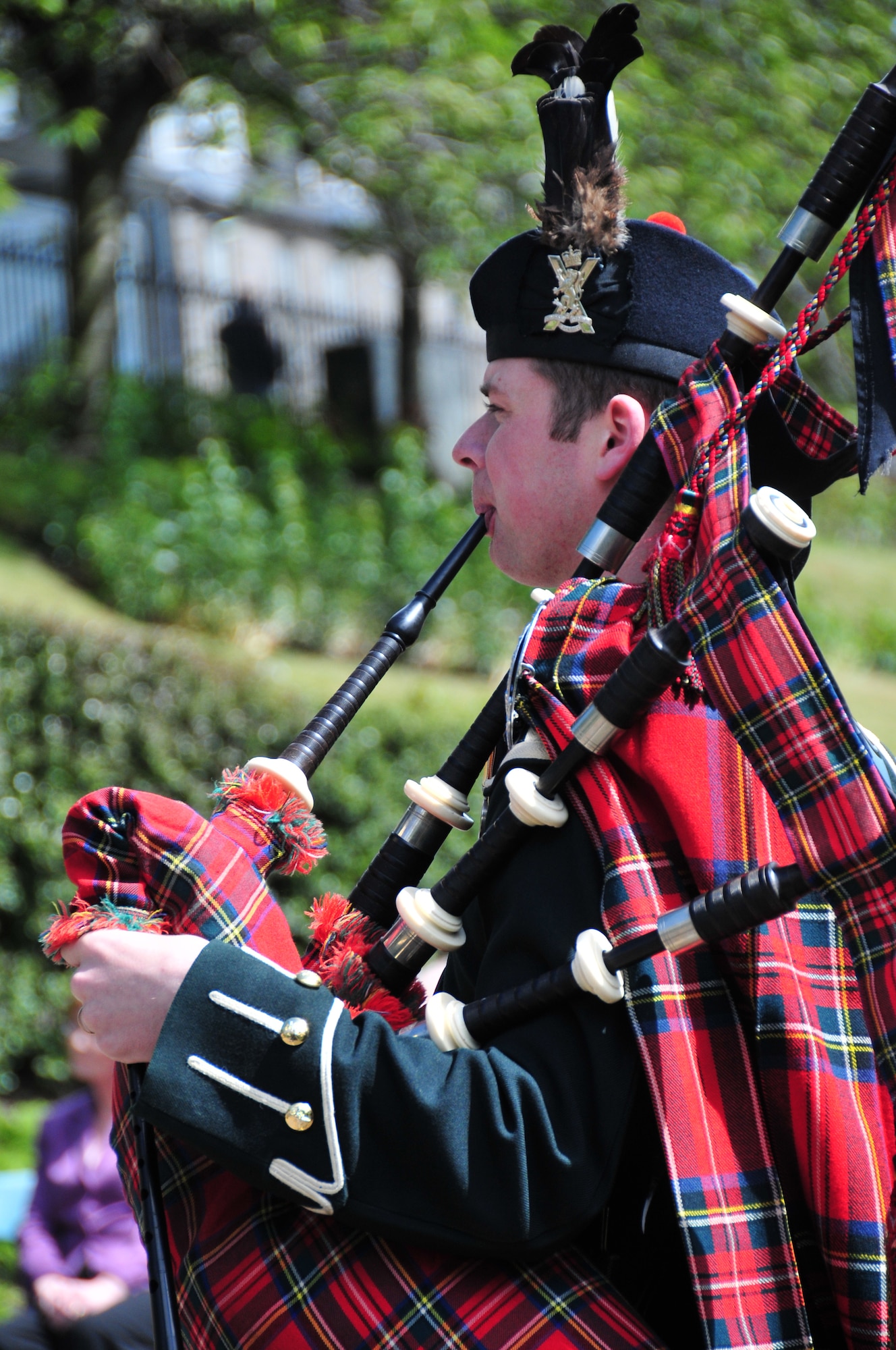 EDINBURGH, Scotland -- A bagpiper from the British Army's Royal Scots Dragoon Guards participates a Memorial Day ceremony honoring fallen heroes at the Scottish-American War Memorial in Edinburgh, Scotland on May 30. The 48th Fighter Wing Honor Guard participated in the 77th annual Scottish-American Memorial Day service at the war memorial, presented to the Scottish people by the U.S., as a tribute to World War I Scottish troops. (U.S. Air Force photo/ Staff Sgt. Megan P. Lyon) 
