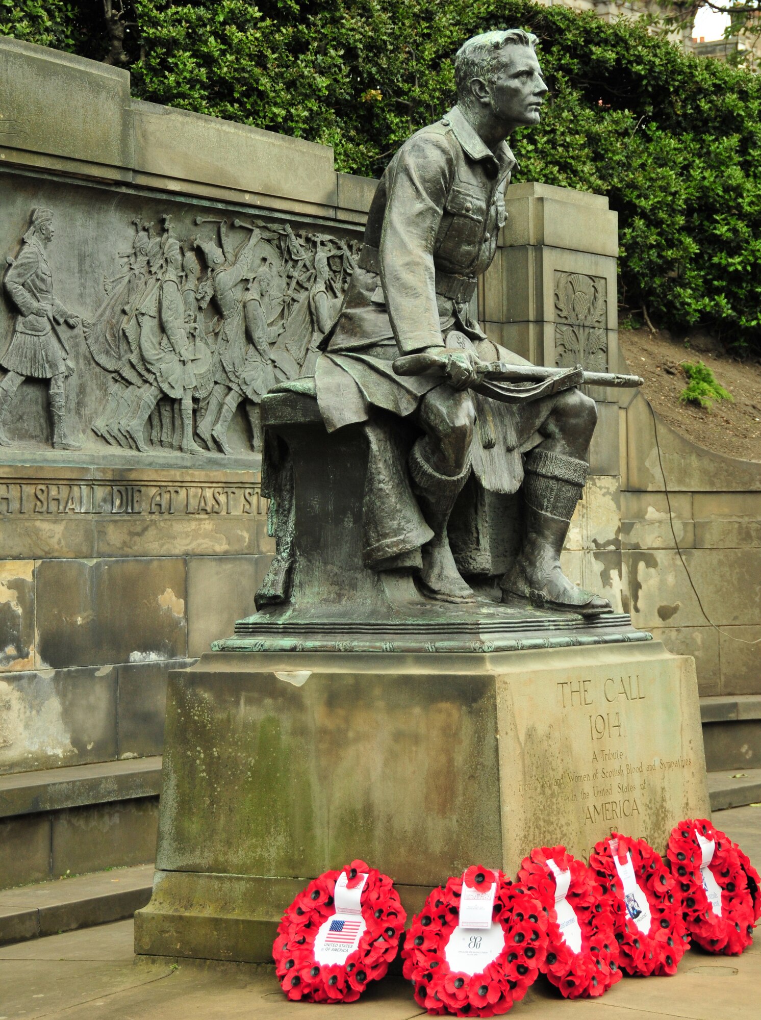 EDINBURGH, Scotland -- Poppy wreaths lay at the base of "The Call," after a Memorial Day ceremony honoring fallen heroes at the Scottish-American War Memorial in Edinburgh, Scotland on May 30. The 48th Fighter Wing Honor Guard participated in the 77th annual Scottish-American Memorial Day service at the war memorial, presented to the Scottish people by the U.S., as a tribute to World War I Scottish troops. (U.S. Air Force photo/ Staff Sgt. Megan P. Lyon) 