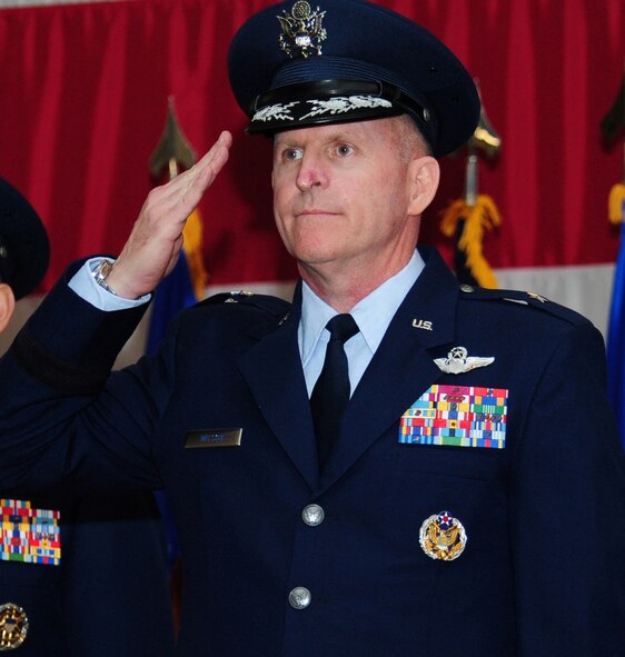 BARKSDALE AIR FORCE BASE, La. - Brig. Gen. Stephen Wilson renders his first salute to the members of the Eighth Air Force after assuming command at Hoban Hall on Barksdale Air Force Base, La., June 3. General Wilson comes to the Mighty Eighth from Headquarters Air Force in Washington D.C. where he was the Joint Integration Directorate of Operational Capability Requirements, Deputy Chief of Staff for Operations, Plans and Requirements. (U.S. Air Force photo/Senior Airman Joanna M. Kresge)