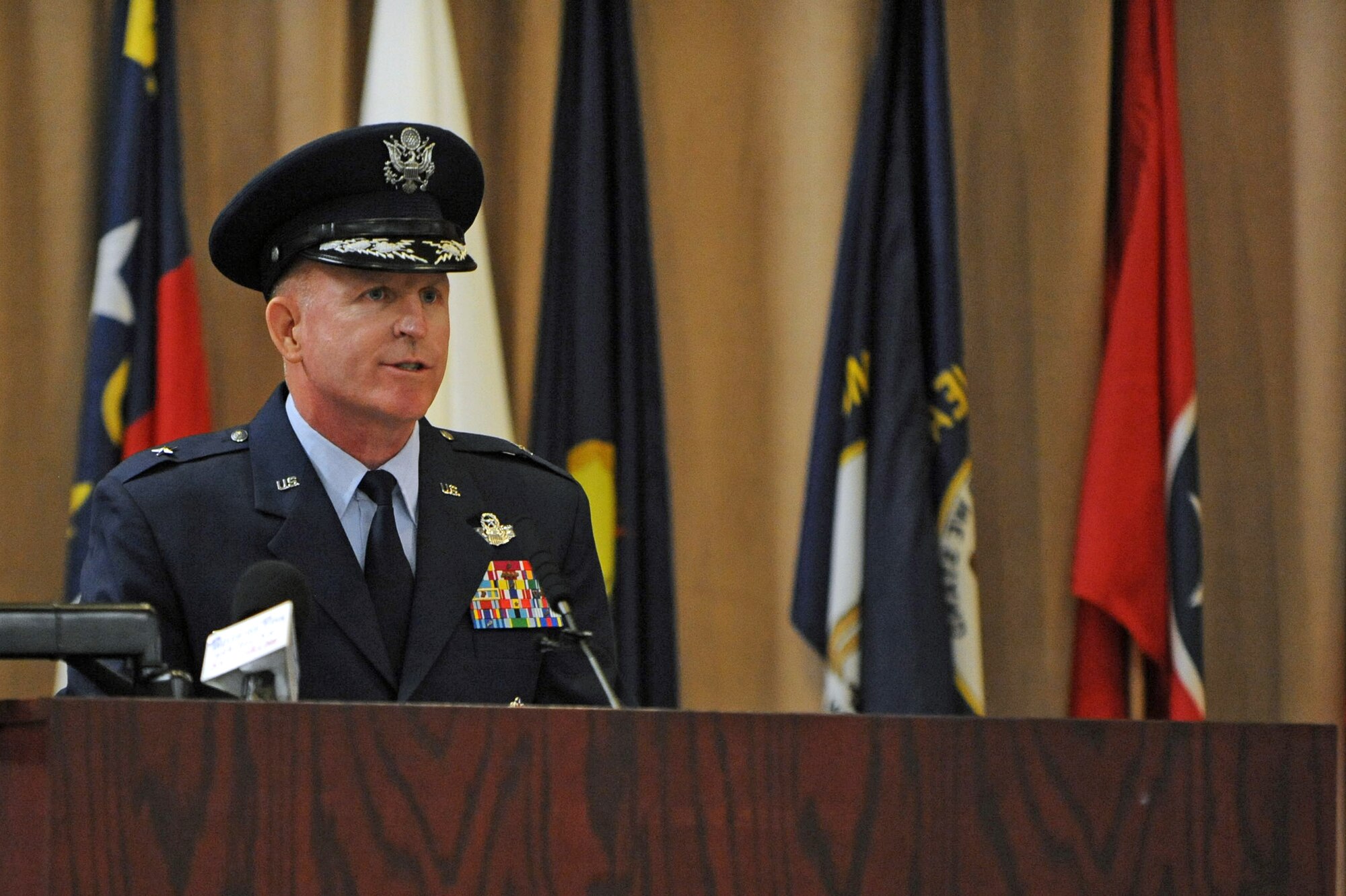 BARKSDALE AIR FORCE BASE, La. - Brig. Gen. Stephen Wilson, Eighth Air Force commander, addresses the audience at the conclusion of the Eighth Air Force change-of-command held at Hoban Hall located on Barksdale Air Force Base, La., June 3. General Wilson comes to the Mighty Eighth from Headquarters Air Force in Washington D.C. where he was the Joint Integration Directorate of Operational Capability Requirements, Deputy Chief of Staff for Operations, Plans and Requirements. (U.S. Air Force photo by Airman 1st Class Micaiah Anthony)