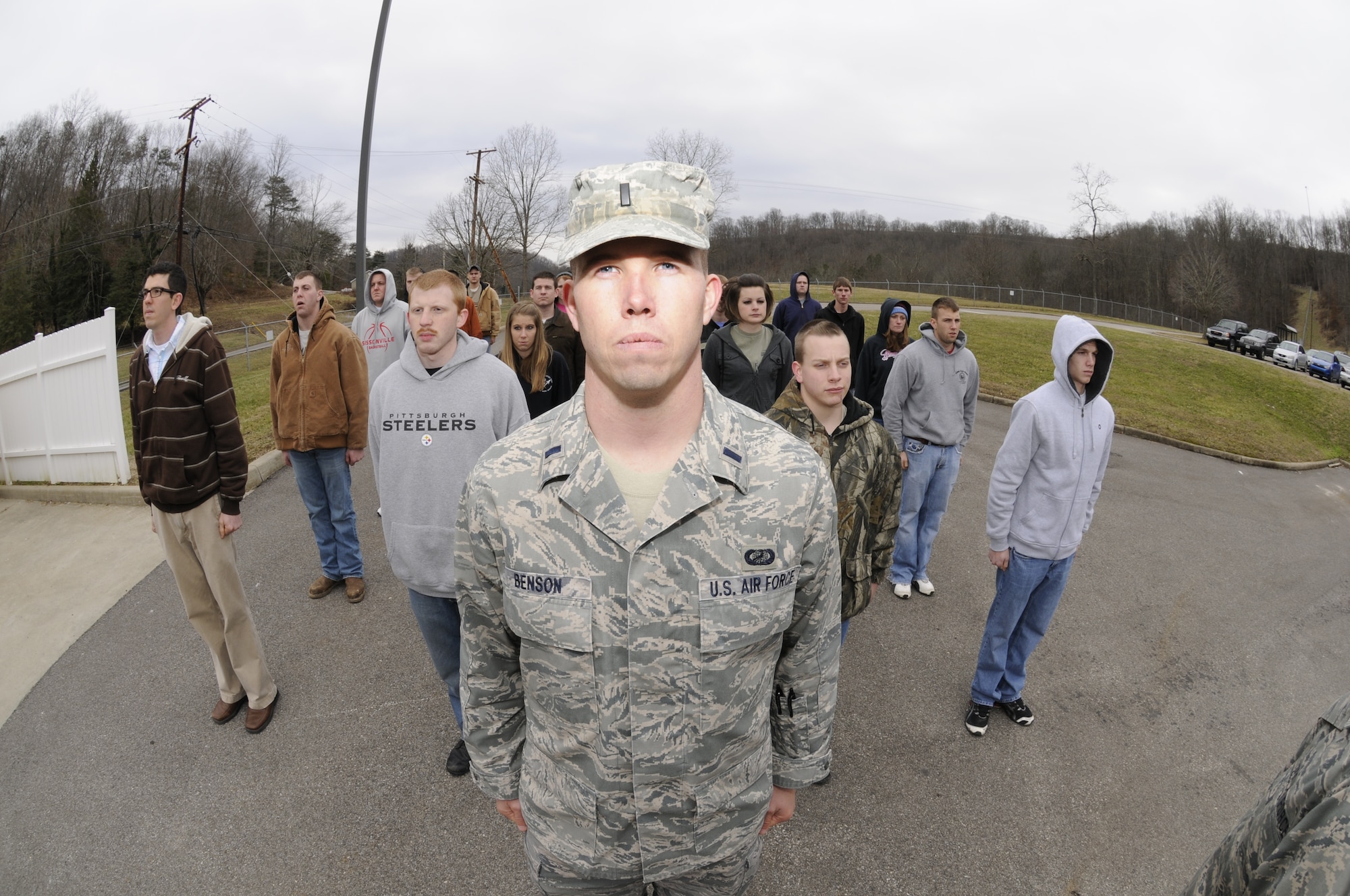 1st Lt. Carl Benson, the interim officer-in-charge of the West Virginia Air National Guard’s 130th Airlift Wing Student Flight, leads recruits during a drill and ceremony practice June 2, 2011. Recruits bound for basic military training have an opportunity to learn Air Force traditions and practices before they arrive at BMT at Lackland Air Force Base, Texas. (U.S. Air Force photo/Tech. Sgt. Bryan G. Stevens)